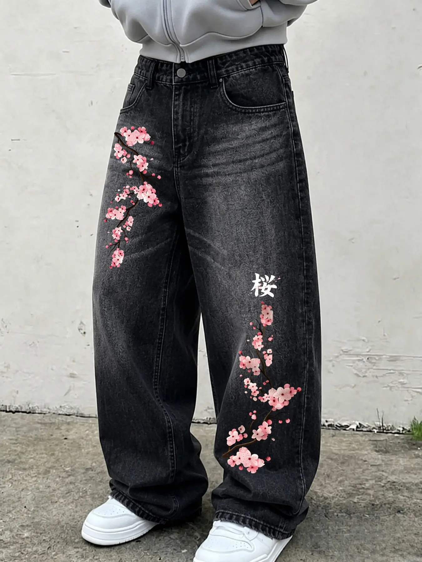 Men's Washed Black Cherry Blossom Graphic Jeans, Baggy Wide Leg Denim Pants with Floral Print, Loose Casual Streetwear Trousers, Jean Pants Bottoms