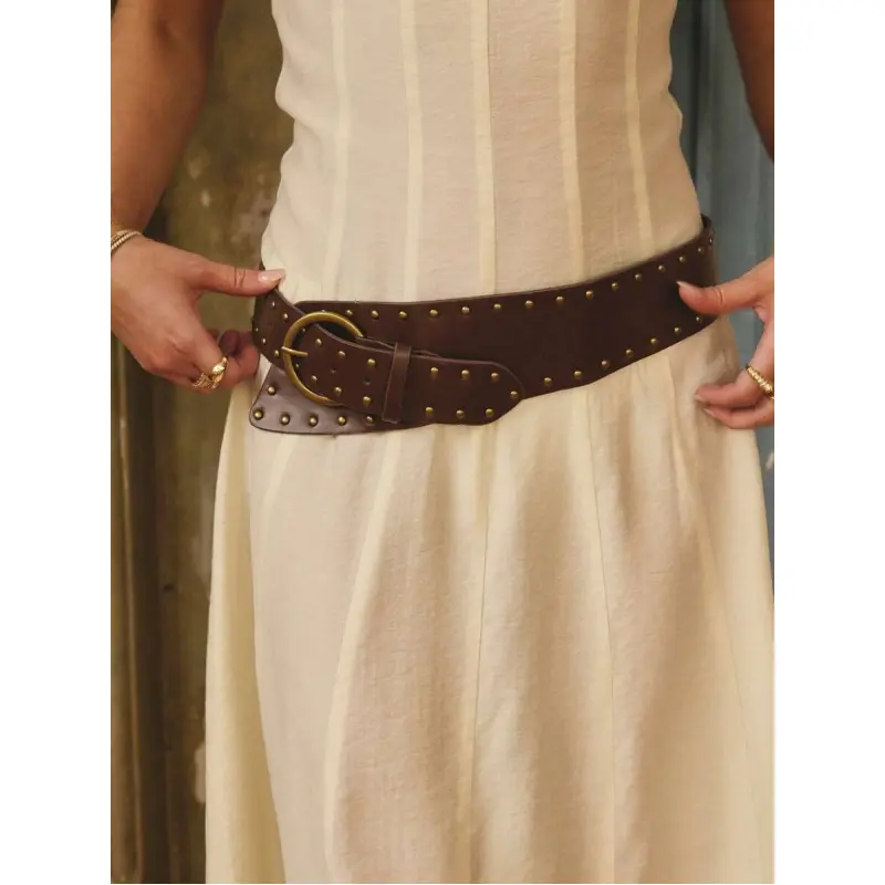 Women's Retro PU Wide Belt with Floral Pattern, Leopard Print, and Studded Detail, featuring a Tribal Style Chain Clasp, Artificial Leather Women's Belts, Animal Print Pattern Women's Belts