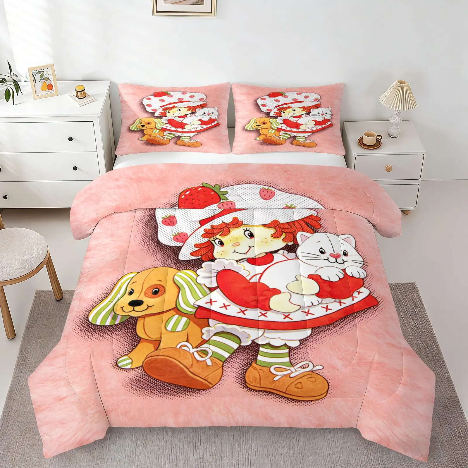 Vintage Strawberry Girl Cartoon Comforter Set, 1 Comforter + 1/2 Pillowcases, Pink Background Retro Girl Puppy & Kitten Print Bedding, Durable Material Soft Comfy Bed Set,  All Season Bedroom Decoration, Soft Breathable Bedding