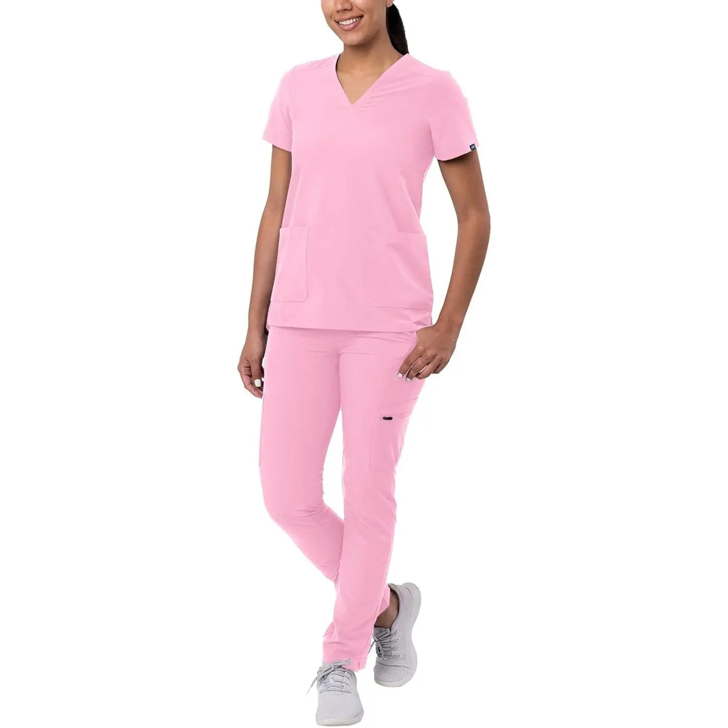 Go-Basic Scrub Set for Women - Slim V-Neck Scrub Top & Skinny Cargo Scrub Pants | 4-Way Stretch Fabric, Moisture Wicking, Odor/Wrinkle Resistant, Contemporary Fit, Outer Drawstring Pants
