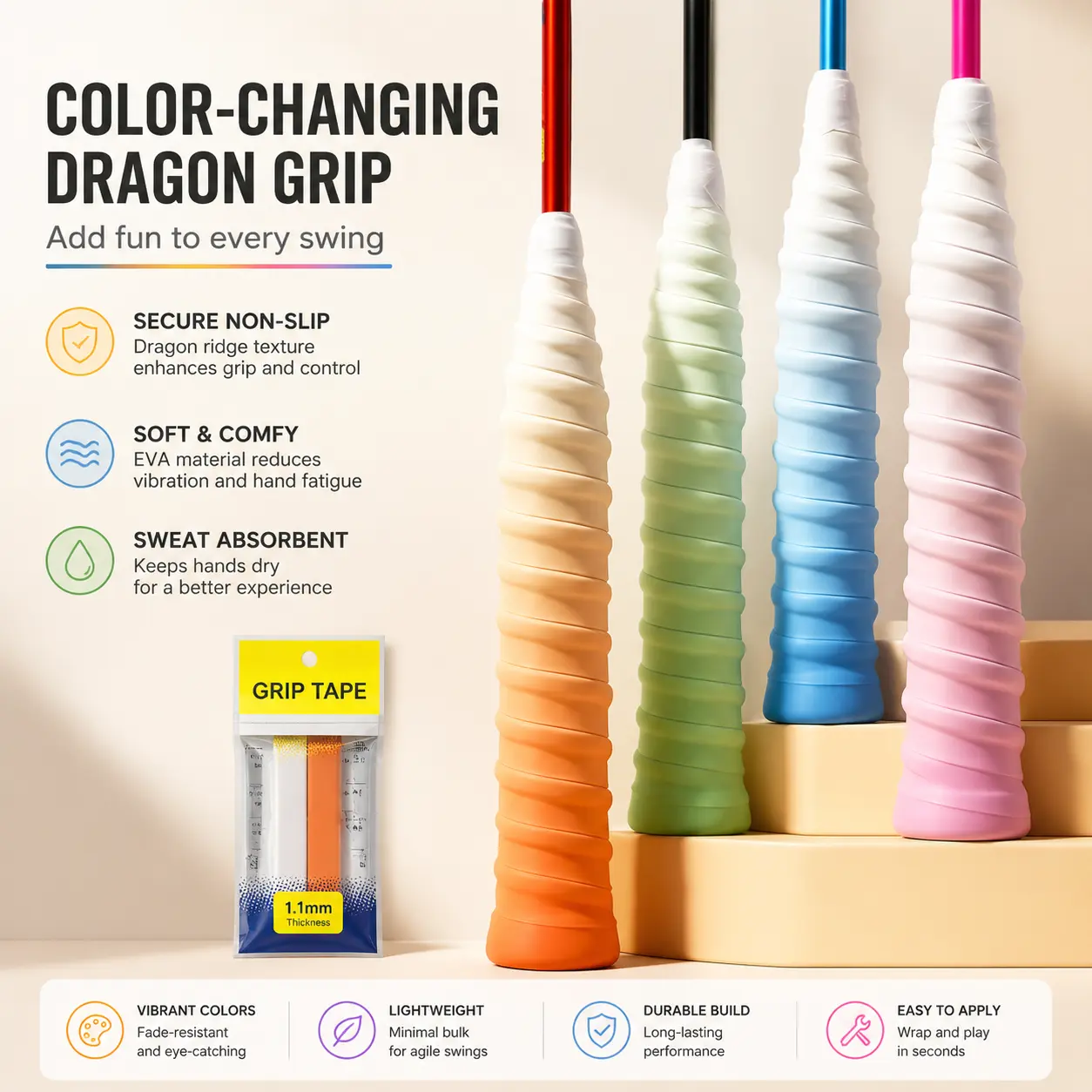 Gradient Design Badminton Grip, Sweat-Absorbent Non-Slip Wrapping Tape for Enhanced Comfort and Racket Control