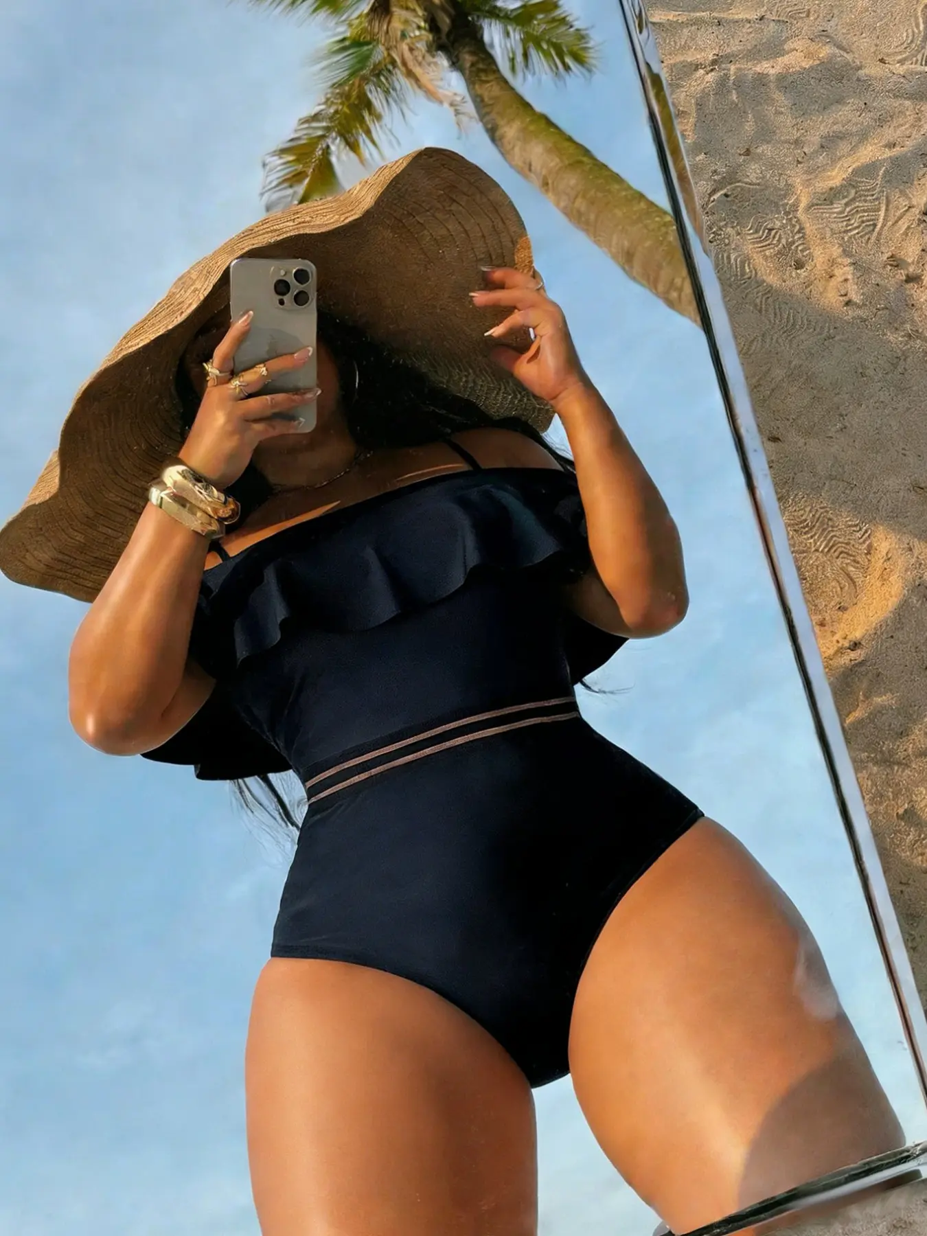 Women's Sexy One-Shoulder Ruffle Swimsuit, Contrast Mesh Short Sleeve, Wireless Bra, All Seasons Beachwear, Elegant One-Piece Bathing Suit, Summer Swimsuit, Cold Shoulder Swimsuit, High Stretch Swimwear, Mesh Swimsuits