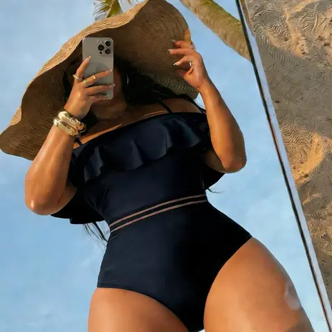 Women's Sexy One-Shoulder Ruffle Swimsuit, Contrast Mesh Short Sleeve, Wireless Bra, All Seasons Beachwear, Elegant One-Piece Bathing Suit, Summer Swimsuit, Cold Shoulder Swimsuit, High Stretch Swimwear, Mesh Swimsuits