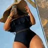 Women's Sexy One-Shoulder Ruffle Swimsuit, Contrast Mesh Short Sleeve, Wireless Bra, All Seasons Beachwear, Elegant One-Piece Bathing Suit, Summer Swimsuit, Cold Shoulder Swimsuit, High Stretch Swimwear, Mesh Swimsuits