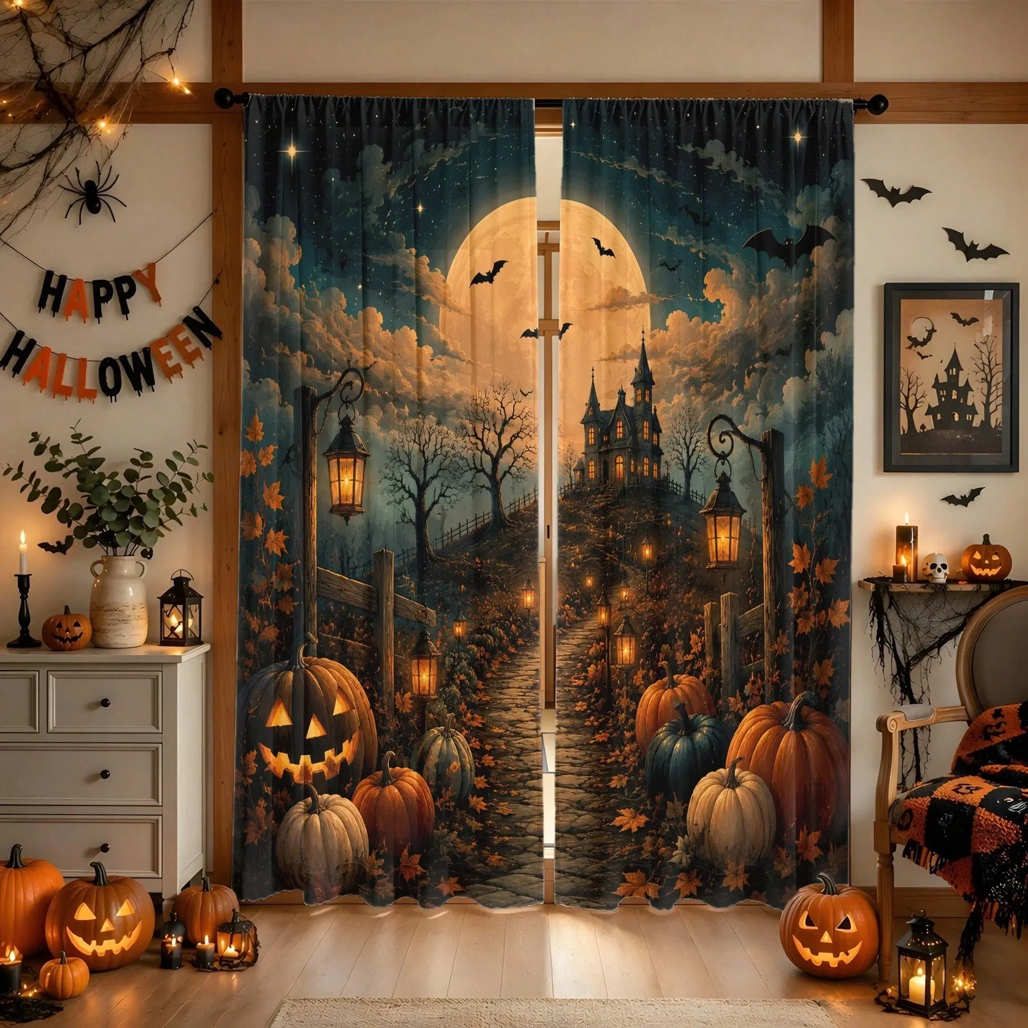 2-piece set - Halloween haunted house moonlit pumpkin bat - Halloween Theme Spooky Haunted House printed semi-transparent curtains, pole bag curtains, suitable for living room, bedroom, home decoration, machine washable and hand washable
