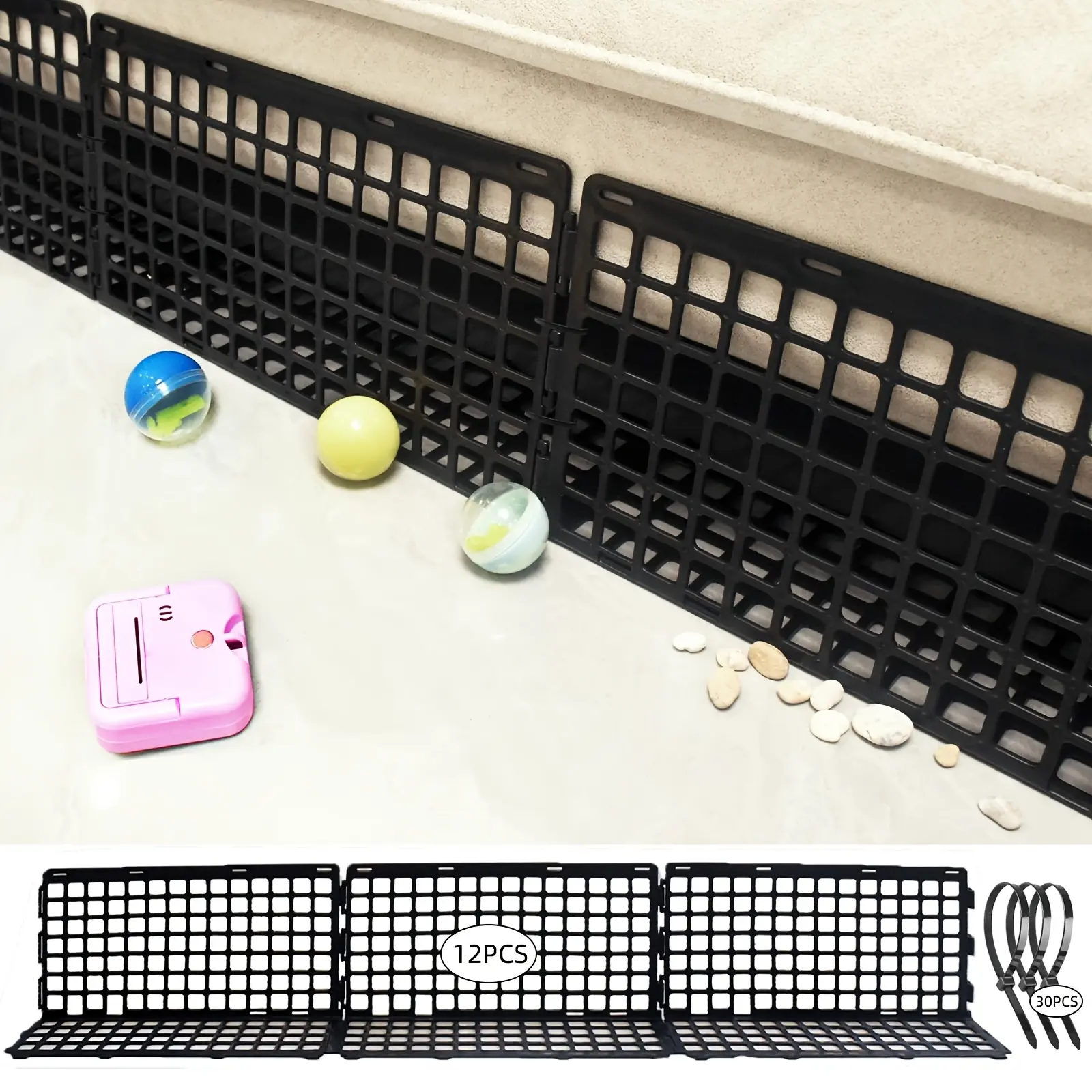 Set of 12 Under Couch Blocker - Adjustable Furniture Gap Filler with 30 Straps, Black Plastic Barrier for Sofa & Bed, Prevents Cats, Dogs, Toys & Small Items from Falling Under