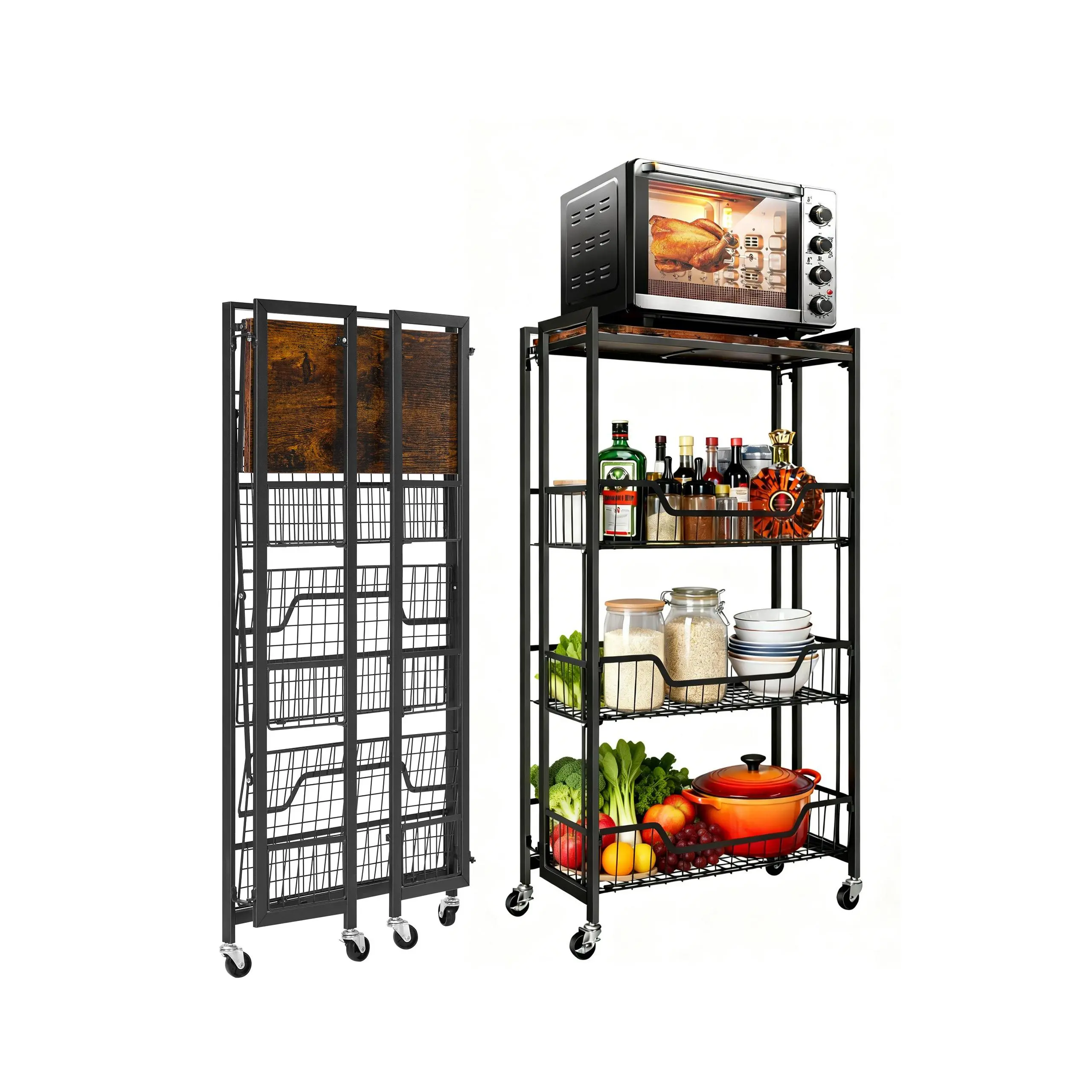 Garvee Large 4-Tier Collapsible Wooden Kitchen Storage Rack – Heavy Duty 100 Lbs Capacity – Lockable Wheels, Expandable, Pre-Assembled – Rolling Utility Shelf for Pantry, Garage, Bathroom, or Kitchen Island