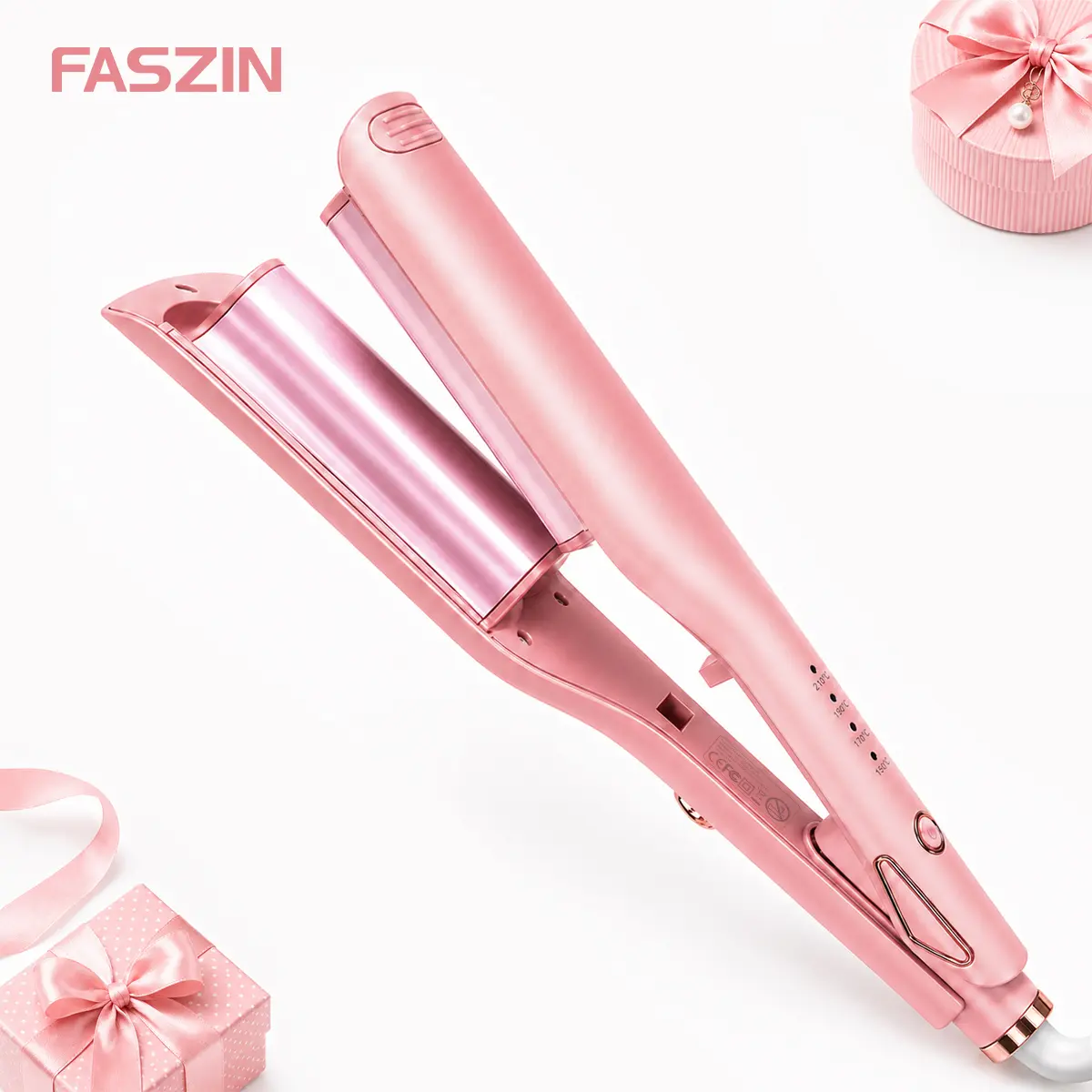 Faszin 32mm Power Wave Hair Crimper & Curling Wand for Beach Waves, Ionic Hair Waver with Dual Voltage & Lightweight Travel Design, Helps Reduce Frizz, Pink