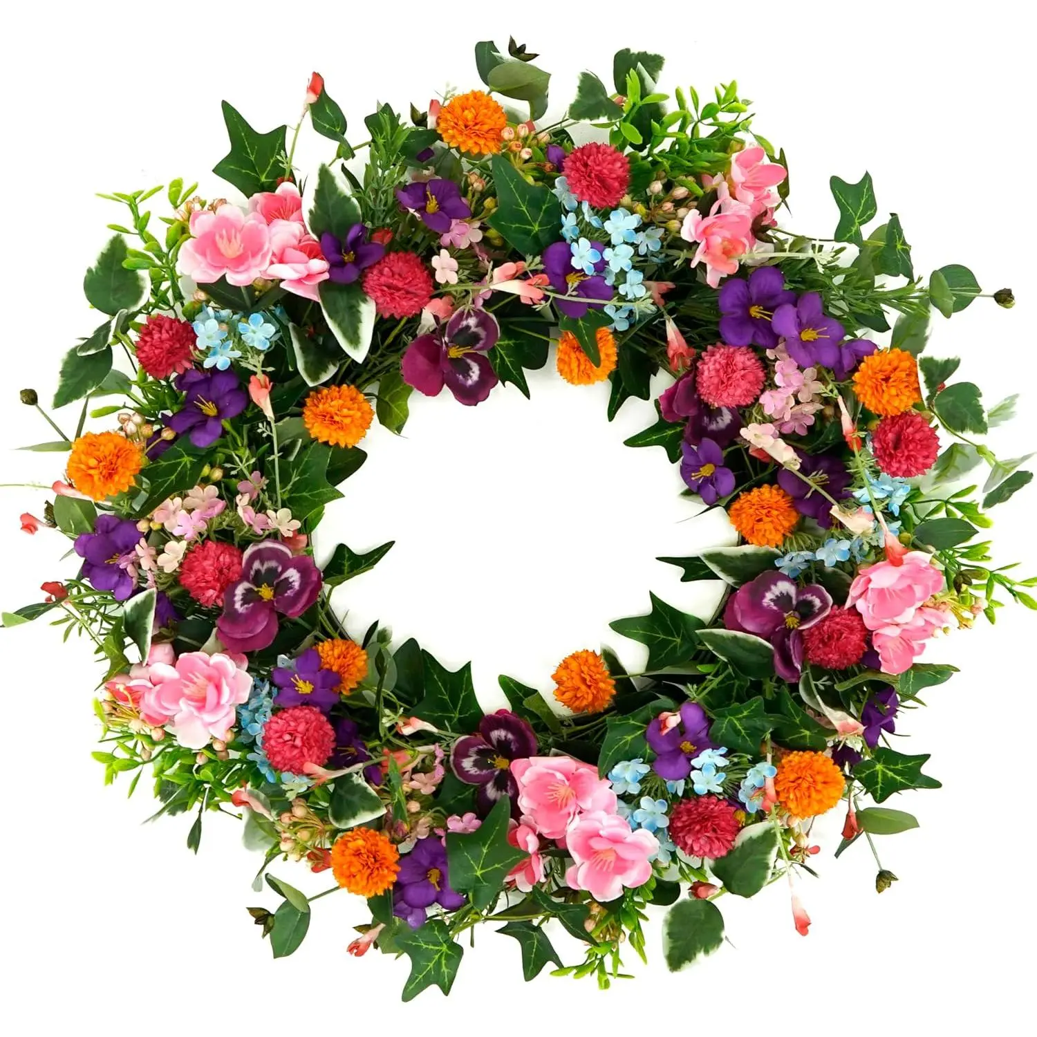 Spring Summer Front Door item Pansy Wreath Adorned including Pink Cherry item Blossoms, Small Chrysanthemum Balls