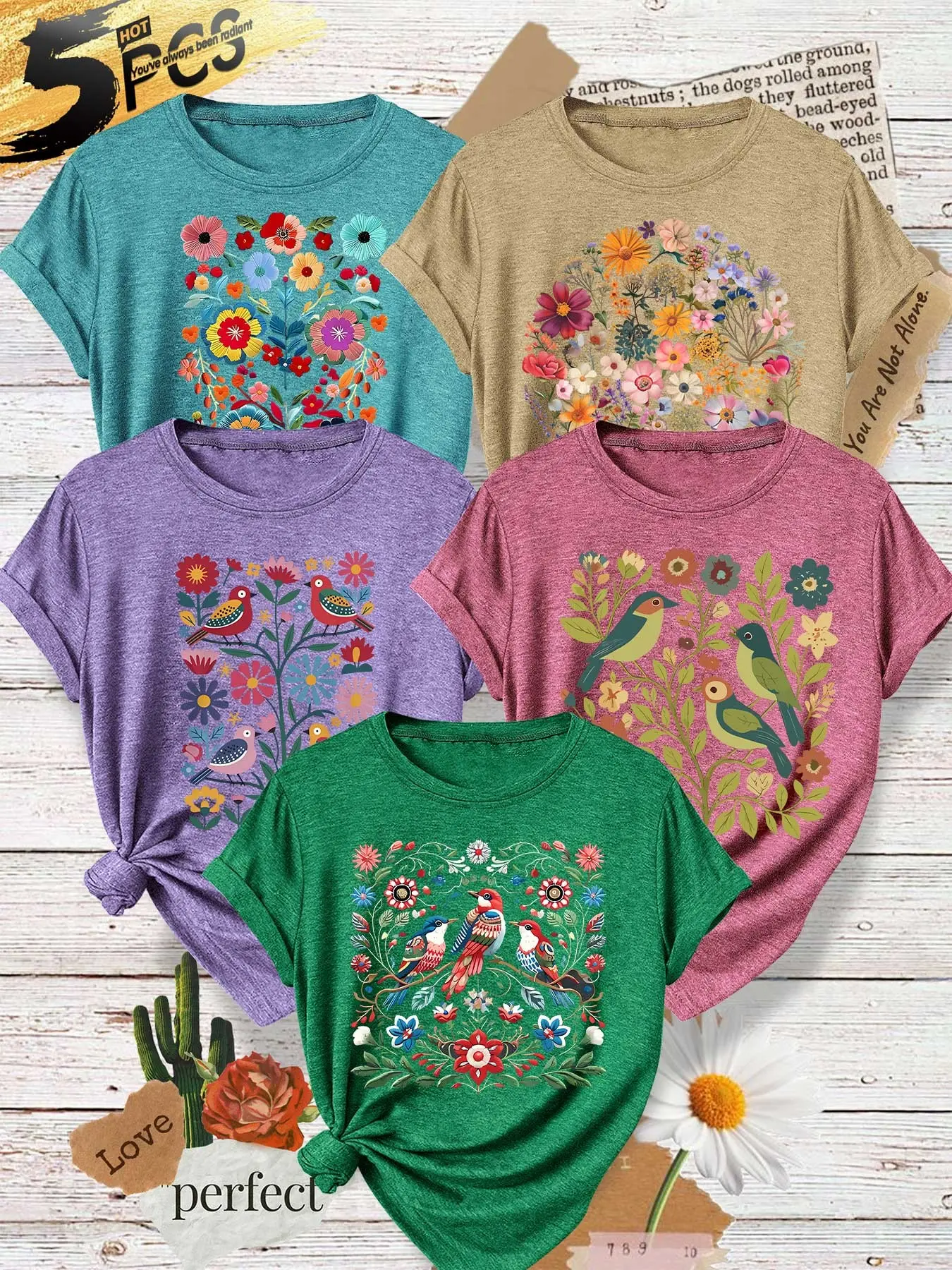 Five-Piece Women's Round Neck T-Shirts, Folk Style Multicolor Floral Print, Soft Fabric, Casual Summer Top