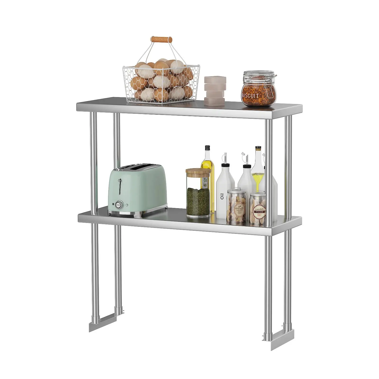 Stainless Steel 2-Tier Tabletop Overshelf Rack for Prep/Work Tables - Height Adjustable Shelving with Brackets, Heavy-Duty Commercial Kitchen Storage - Silver