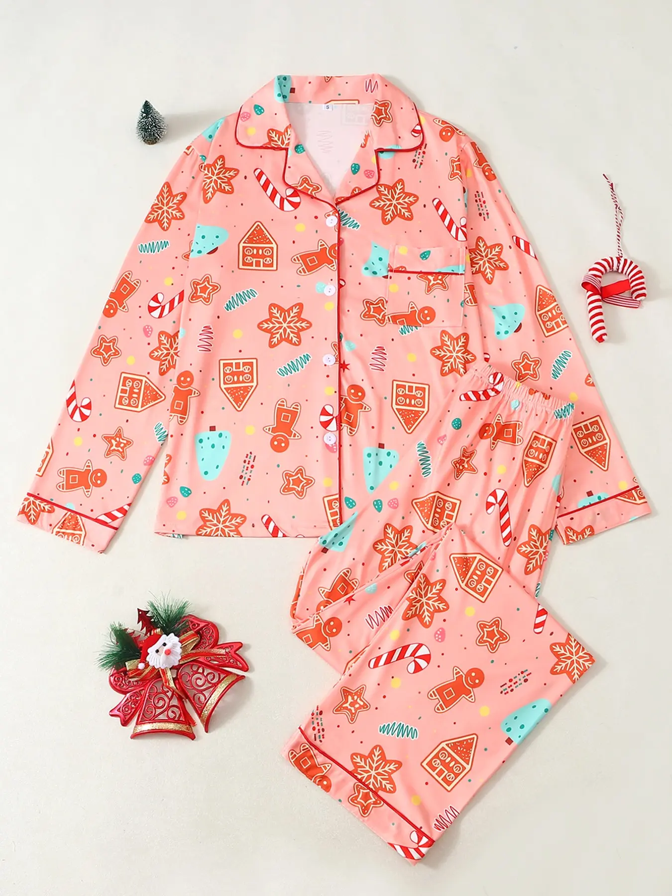 Women's Christmas Gingerbread Pajama Set, Long Sleeve Collared Sleepwear, Cozy Holiday Home, Casual Fitted Design, Fall & Winter