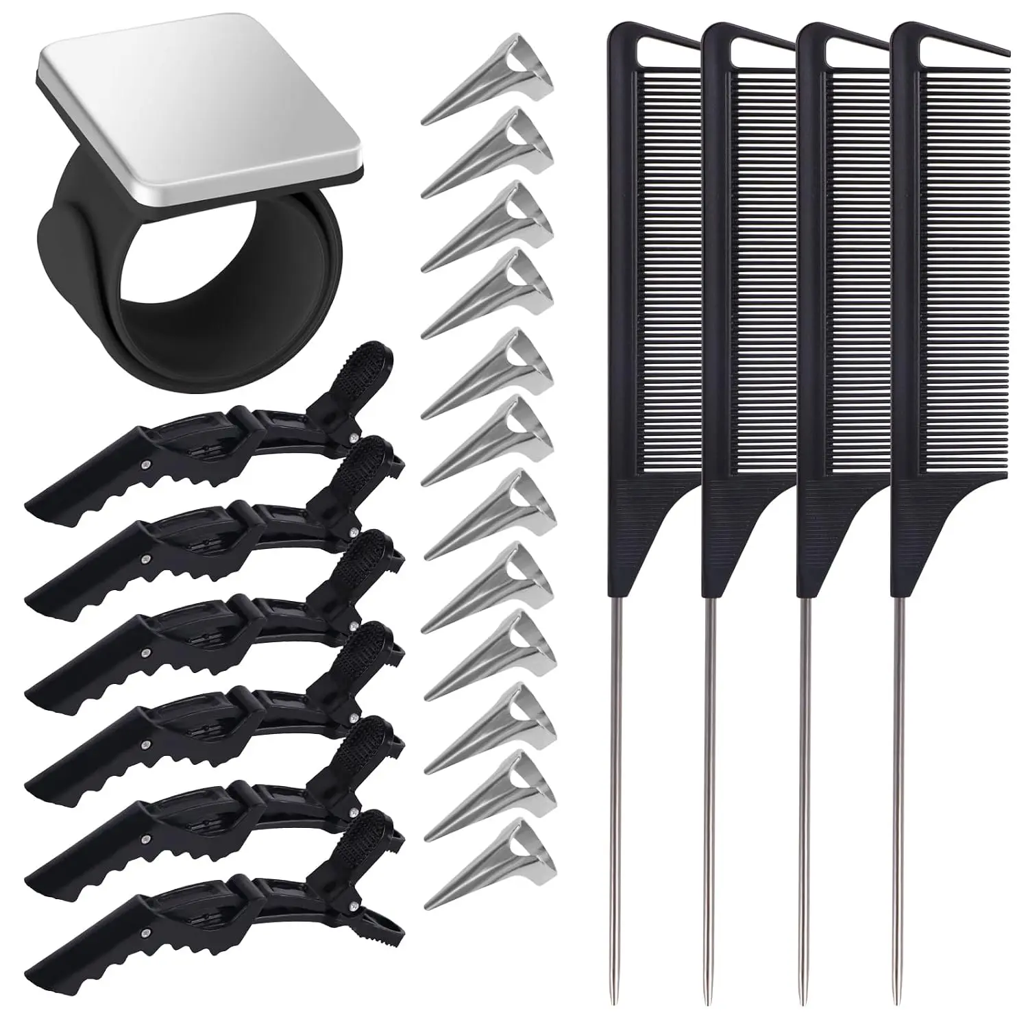 Lightweight 23-Piece Hair Braiding Tool Set with Storage - Sectioning Comb, Magnetic Wristband Clip Organizer, 6 Clips, 4 Pointed Combs, 12 Daily Braiding Ties for Home & Party Use