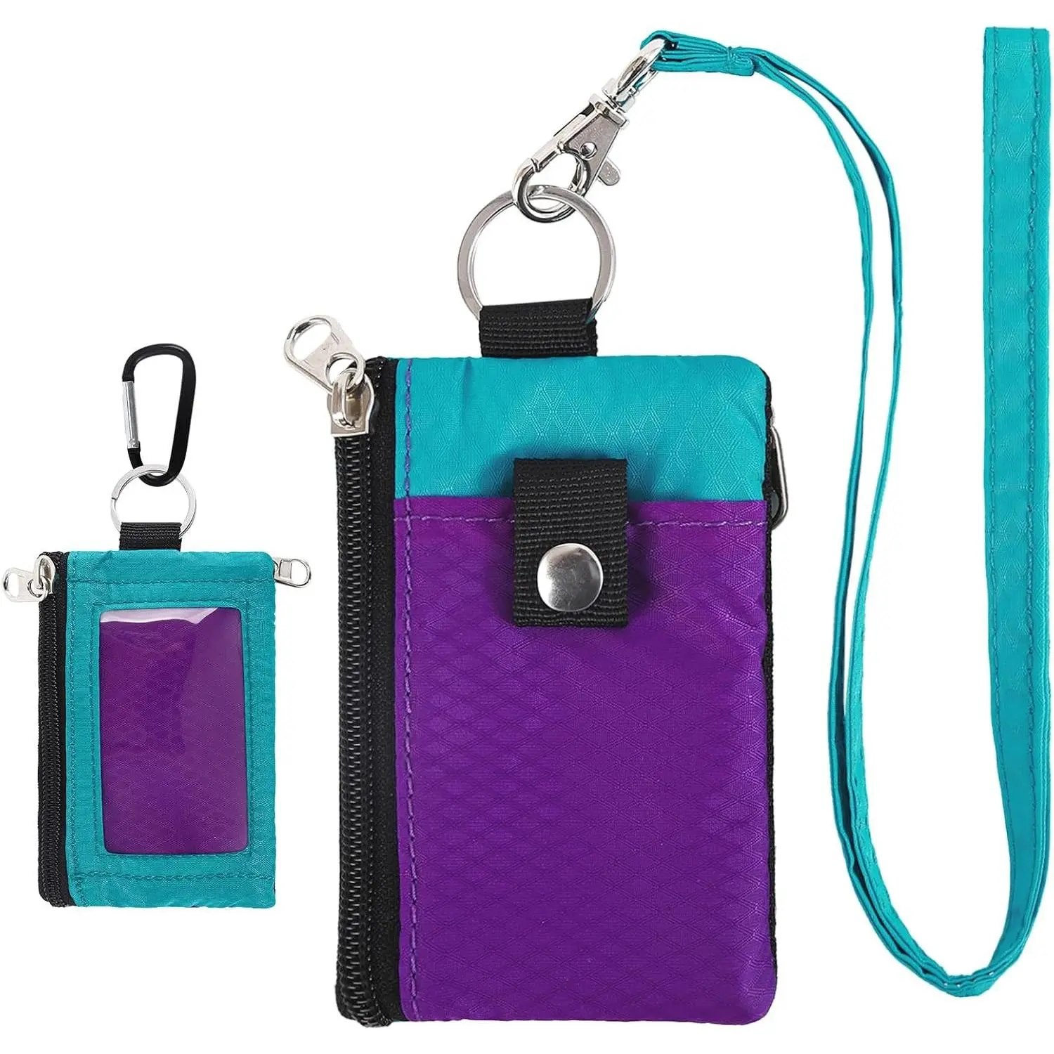 RFID Blocking Lanyard Wallet for Men Women, Minimalist Travel Neck Pouch with ID Window and Keychain for Cards Coins Cash (Violet+Turquoise)(Gift)