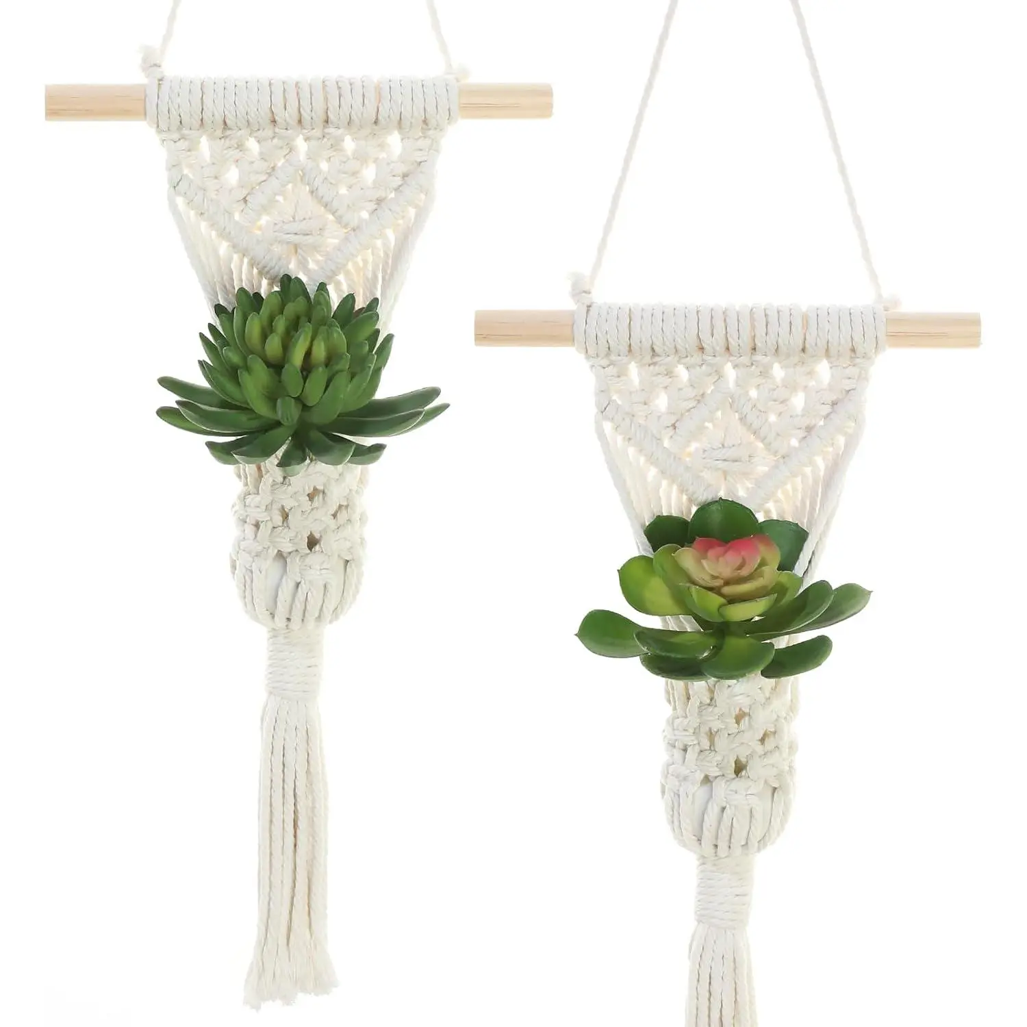 Macrame Wall   Holder with Artificial Succulent,   with  Dowel, Boho Wall Decor,   Set of 2 (Succulent 2 count)