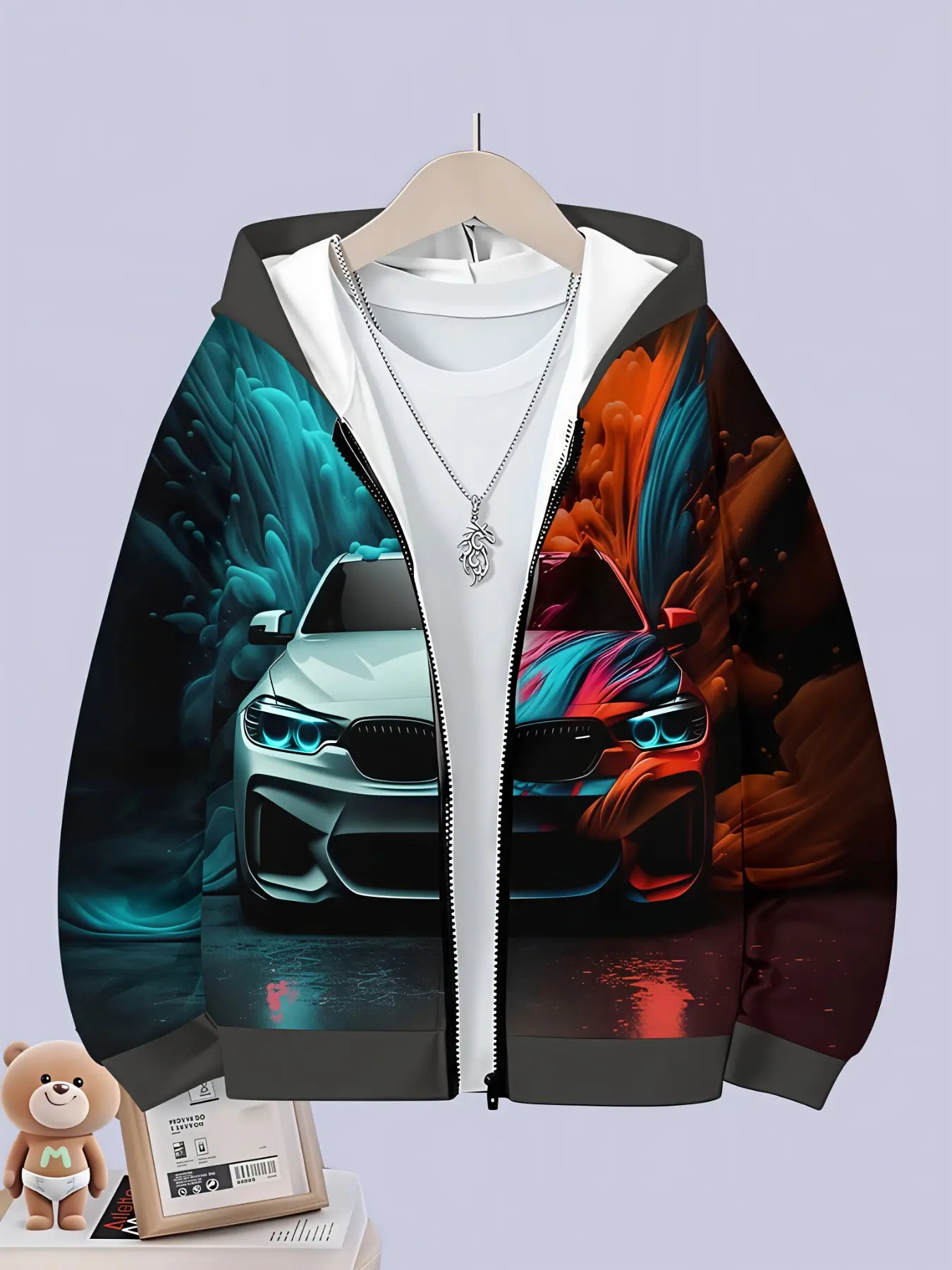 Colorful Racing Car Graphic Plus Size Men Zip Hooded Jacket, Flexible Breathable Coat, For Adult Male Daily Casual Wear Hobby Gathering, Popular Car Lover Mens Jacket Hot Daily Wear