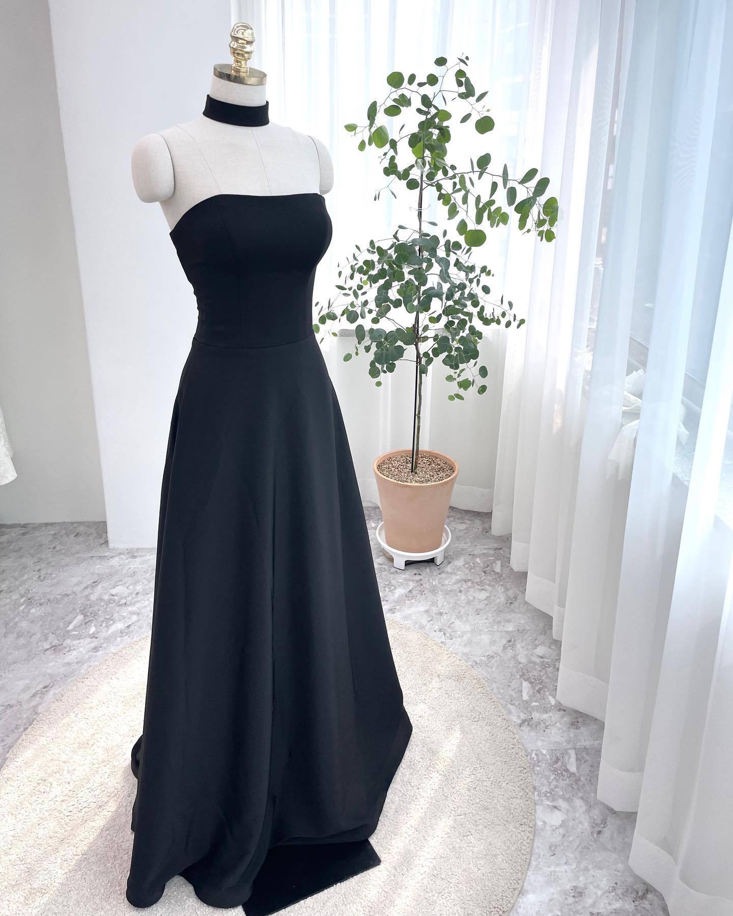 Black Strapless Korean Minimalist Evening Dress – High-End Banquet Gown, Slimming Forest Light Wedding Dress for Women, Birthday Ceremony