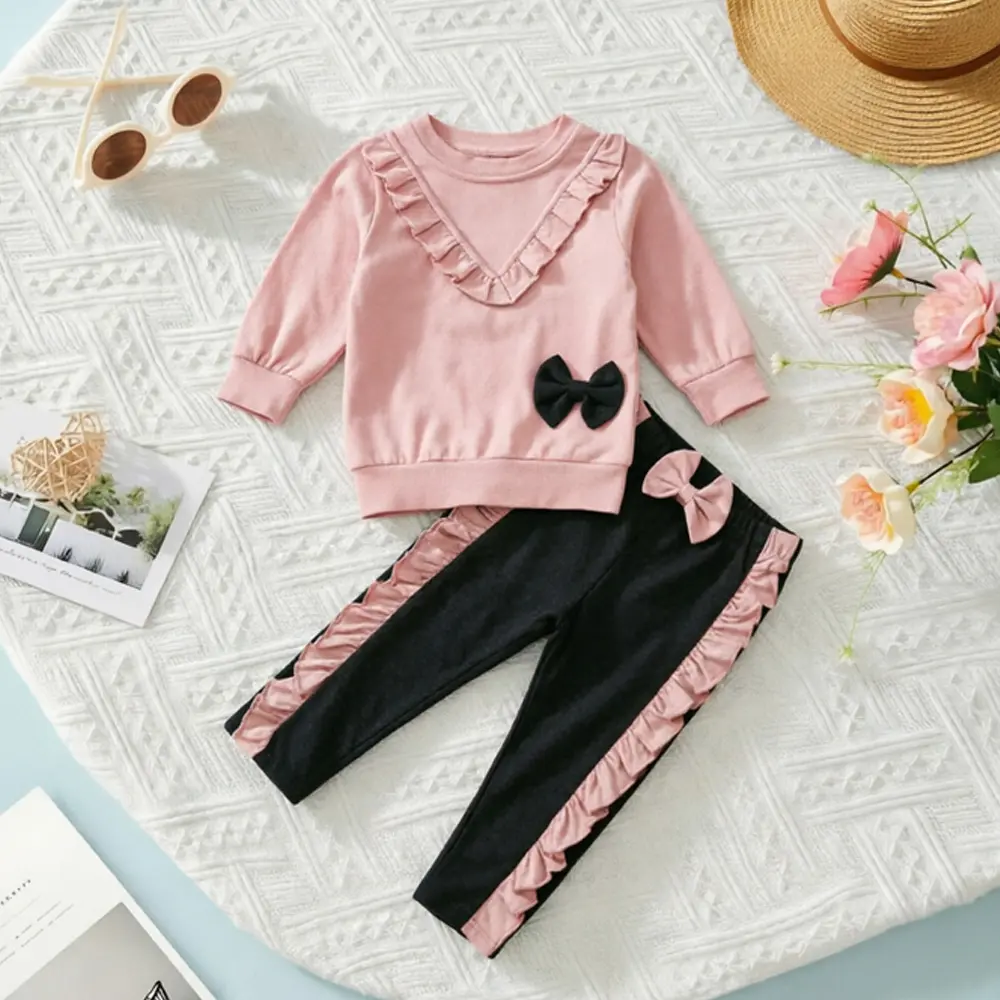 Girls' 2-Piece Pants Set, Cute Toddler Outfit with Ruffle Lace Long Sleeve Shirt, Cotton Polyester Elastic Waist Pants & Bow Detail, 6-12 M, 12-18 M, Polyester Clothes, Girls Clothes For Kids, Cute Sweet, 2-3 Years