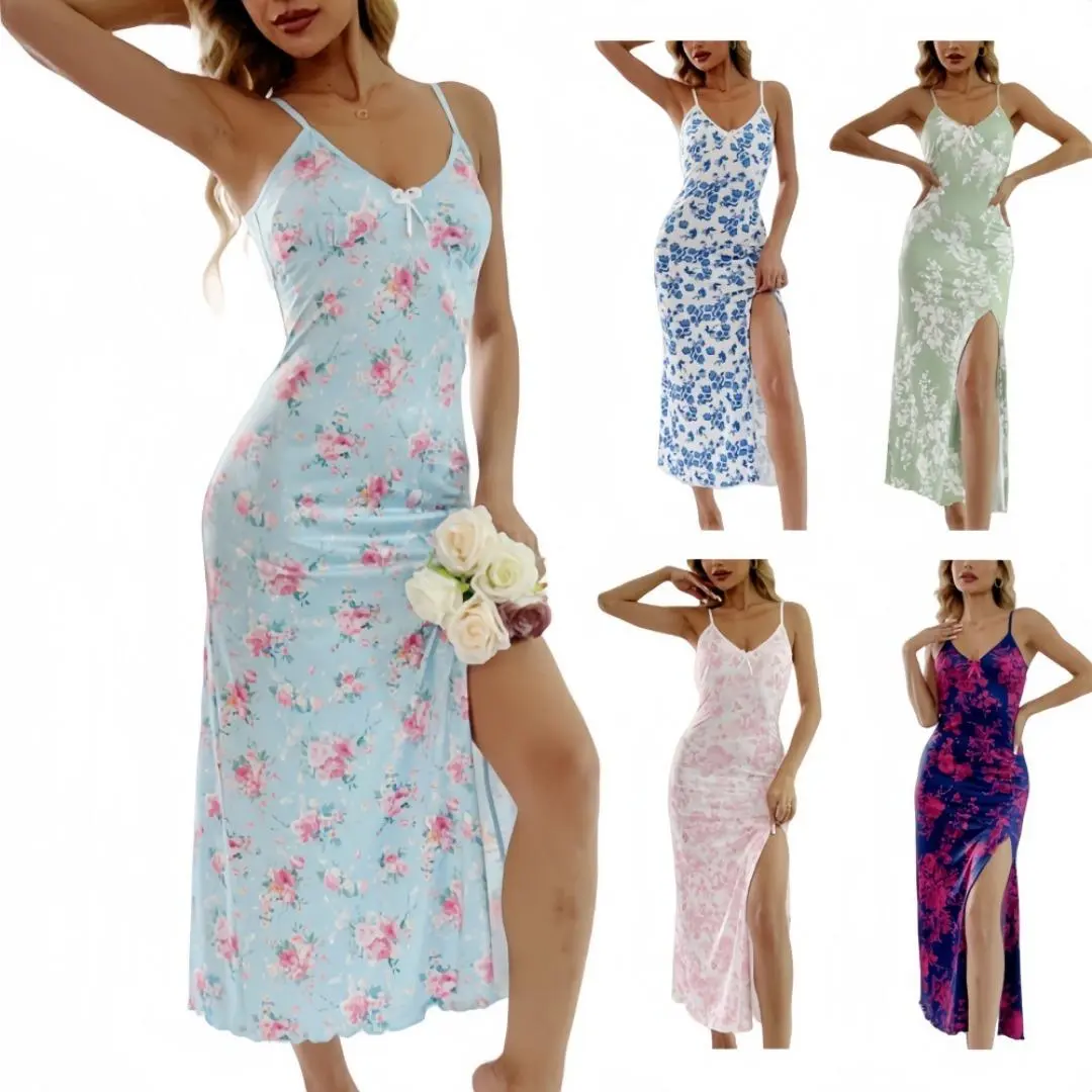 Women's Chic Floral Patchwork Sleep Dress, Long Length Summer Nightgown with Adjustable Spaghetti Straps and Side Split Hem, Casual Wear, Patchwork Print, Loose-Fitting, Mid-Thigh, Sizes S-Xl, Blue Flower On White Background, Nightwear, Lady, Loungewear,