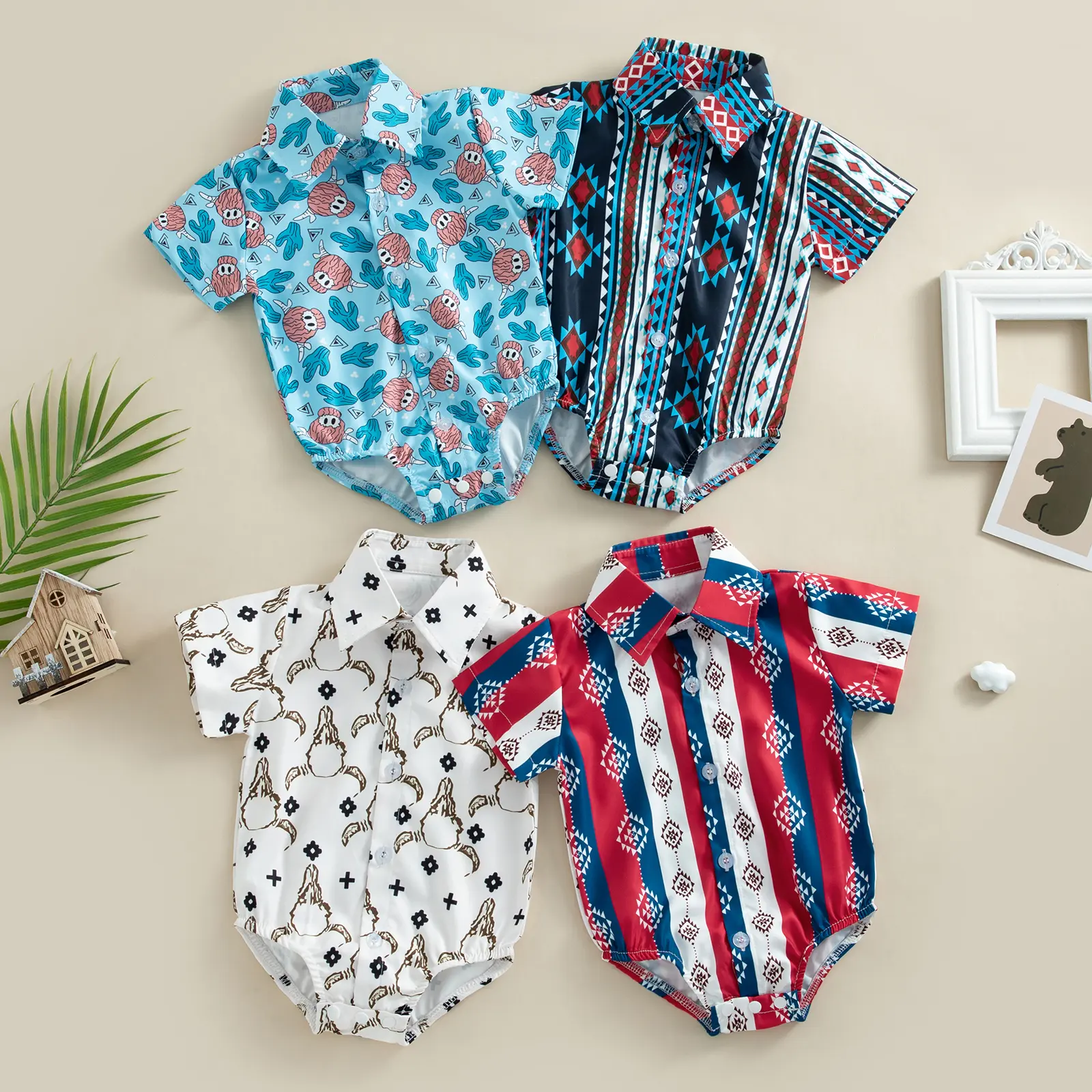 Ma&Baby Infant Baby Boy Cowboy Shirt Romper Short Sleeve Button Down Jumpsuit Gentleman Western Clothes