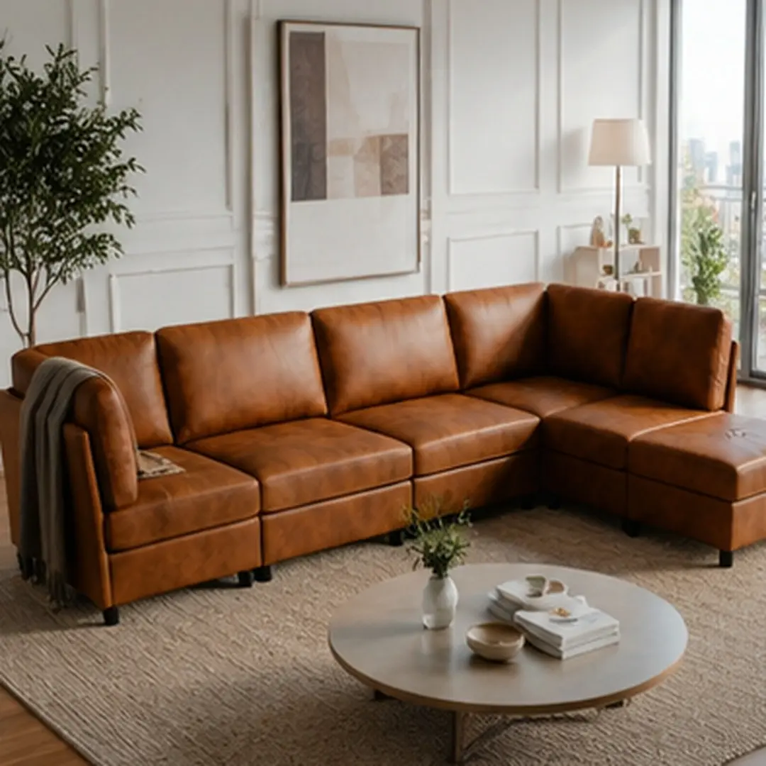 ARCH 6-Seat Modular L-Shape Sectional Corner Sofa with Ottoman, Mid-Century Modern Minimalist Multifunction Flexible Configuration Living Room Furniture, Wood Frame, Polyester Fabric, Soft Foam Cushions, Armless Loose Back, Light Brown/Dark Gray Options