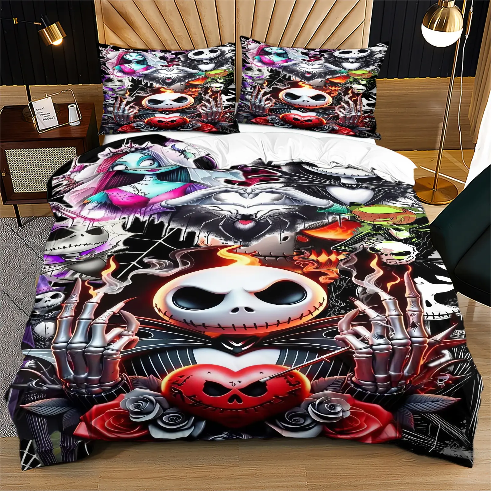 Ghost Bride pattern quilt cover, featuring a skull, is a personalized choice for bedroom decoration and as a gift. It includes 1 quilt cover and 1 or 2 pillowcases, without a quilt or pillow filling