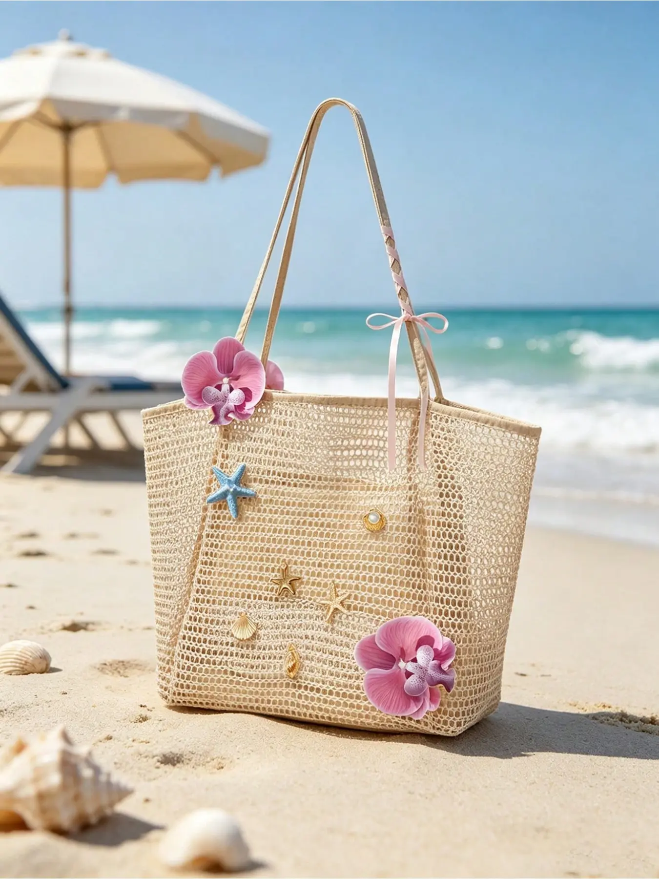 Breathable Hollow Out Straw Beach Tote Bag, Light Large Capacity Shoulder Handbag, Bow, Shell Pearl Decor, Perfect for Travel & Daily Use