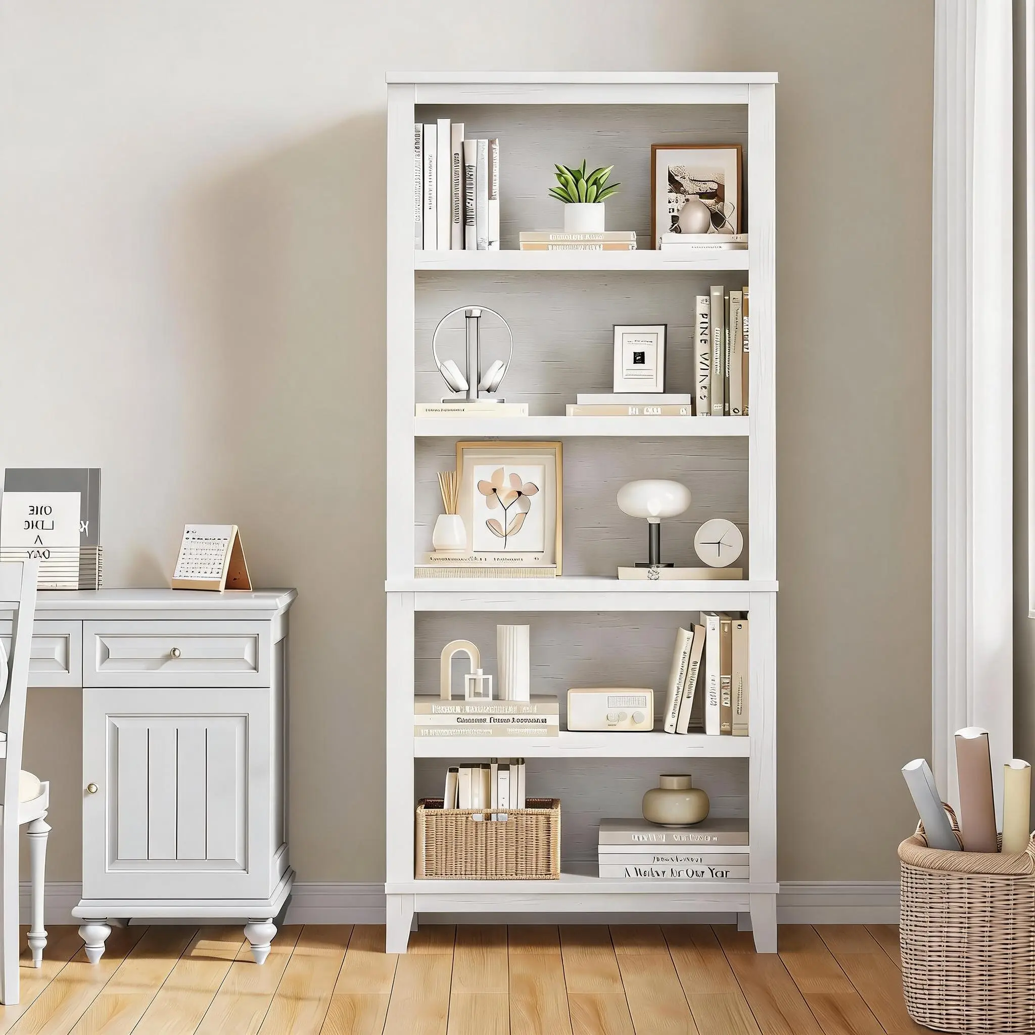 Set of 2 71" Tall Narrow 5-Tier Wooden Bookshelves – Modern Space-Saving Bookcase with Adjustable Shelves, Sturdy Legs, Decorative Multi-Layer Storage for Office, Apartment, Living Room, or Study