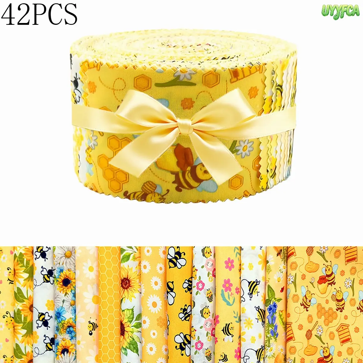 42 Pieces Cute Fat Quarter Fabric Bundles,Medium Weight Quilting Cloth with Sunflower Bee Daisy Print, Soft Woven Patchwork Material for Hand Sewing, Quilt Making, DIY Home Textile Craft Projects,Sewing Project