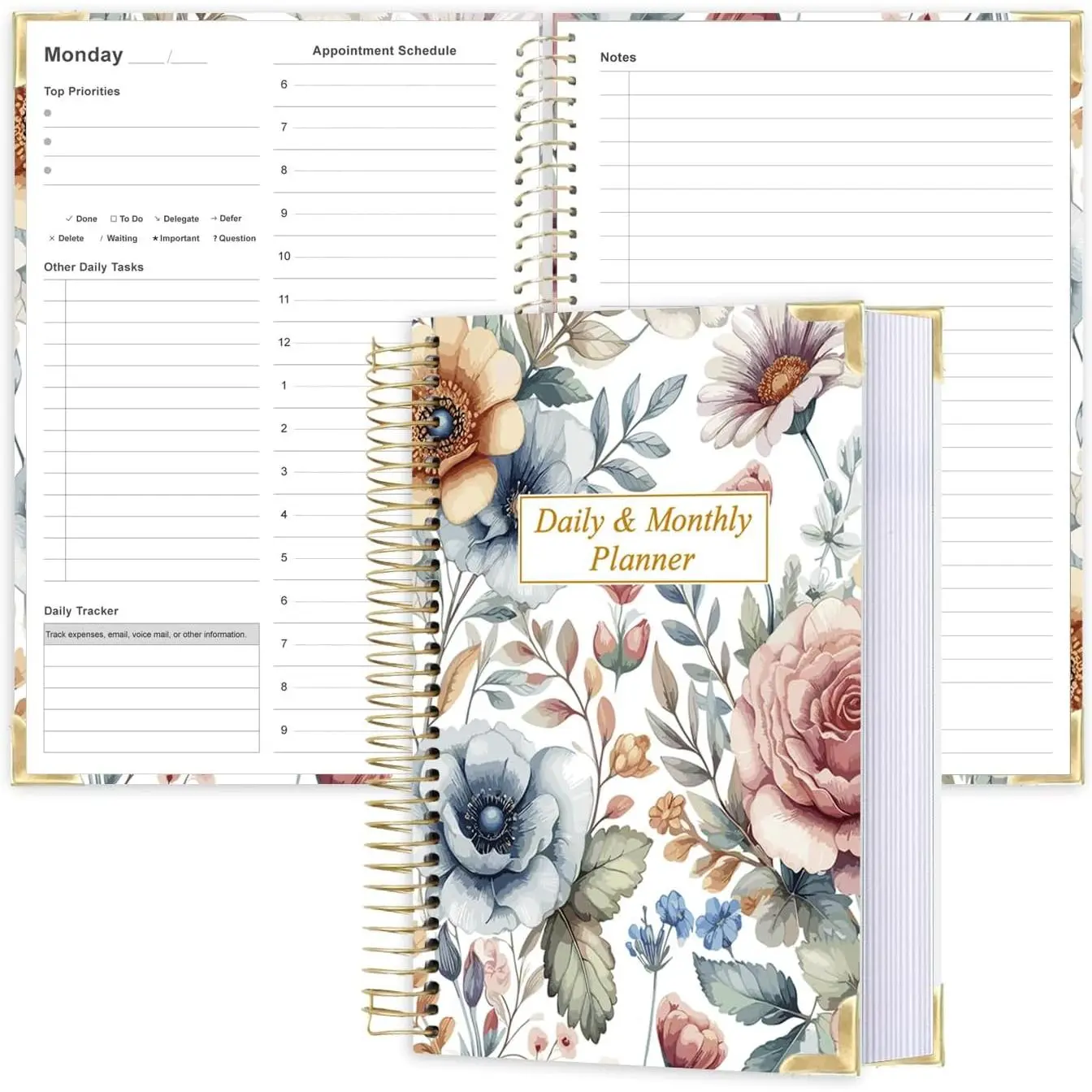 Undated Daily Planner 5.8"x8.5" - Hardcover Spiral, Hourly Schedule + To-Do | 448 pages, A5 size, hardcover, undated start anytime, daily schedule + to-do lists, for work/life planning,  friendly