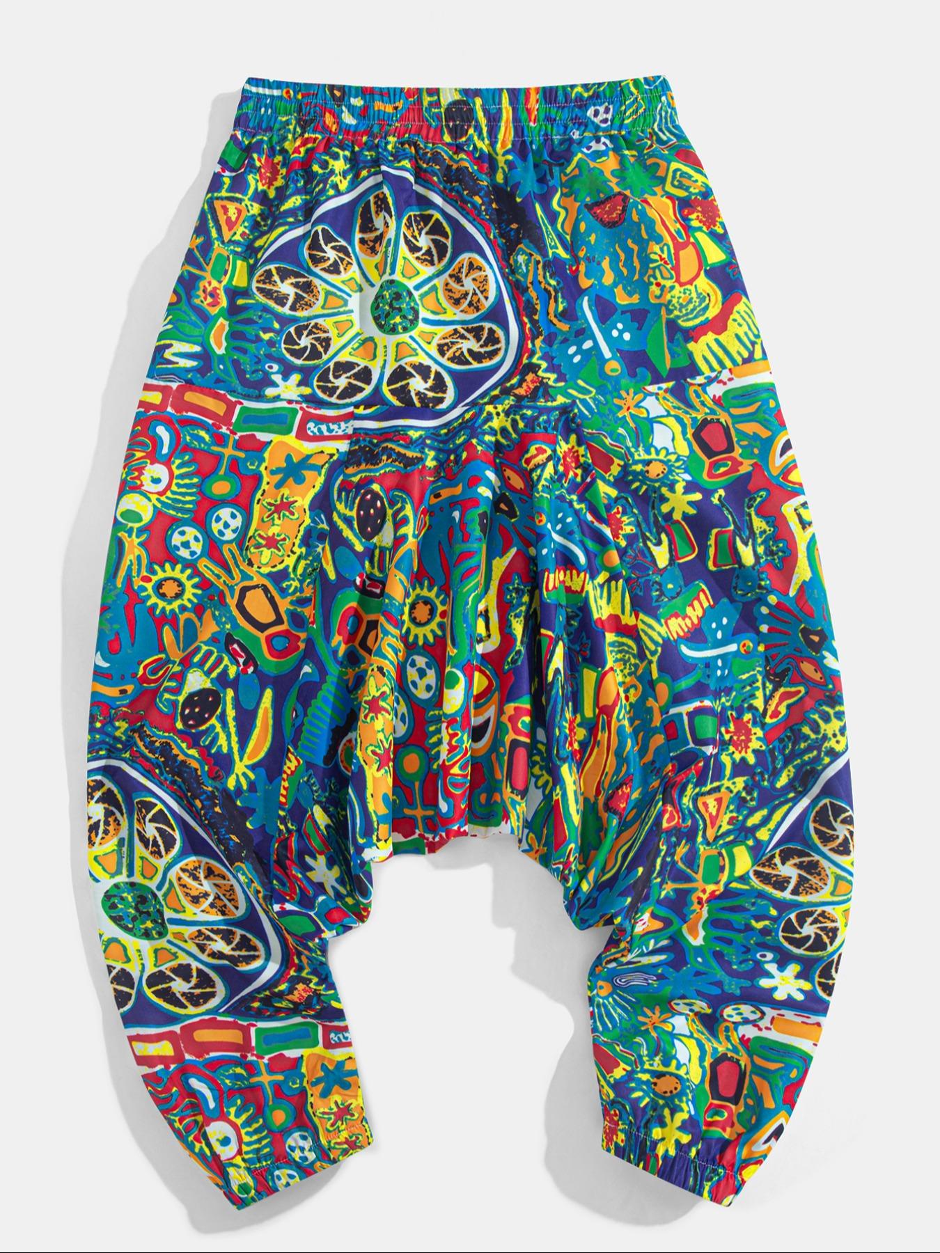 Men's Tribal Pattern Tie Waist Harem, Boho Casual Comfy Trousers for Daily Wear, Men's Bottoms for Summer, Bohemian Trousers