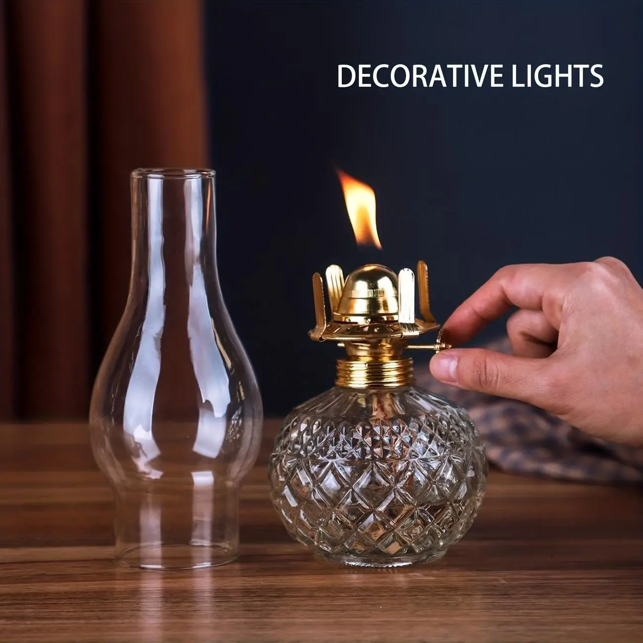 Vintage Glass Kerosene Oil Lamp with Brass Accents, Energy-Saving Crystal-Cut Design, Hurricane-Style Home Decor, Elegant Lighting Fixture