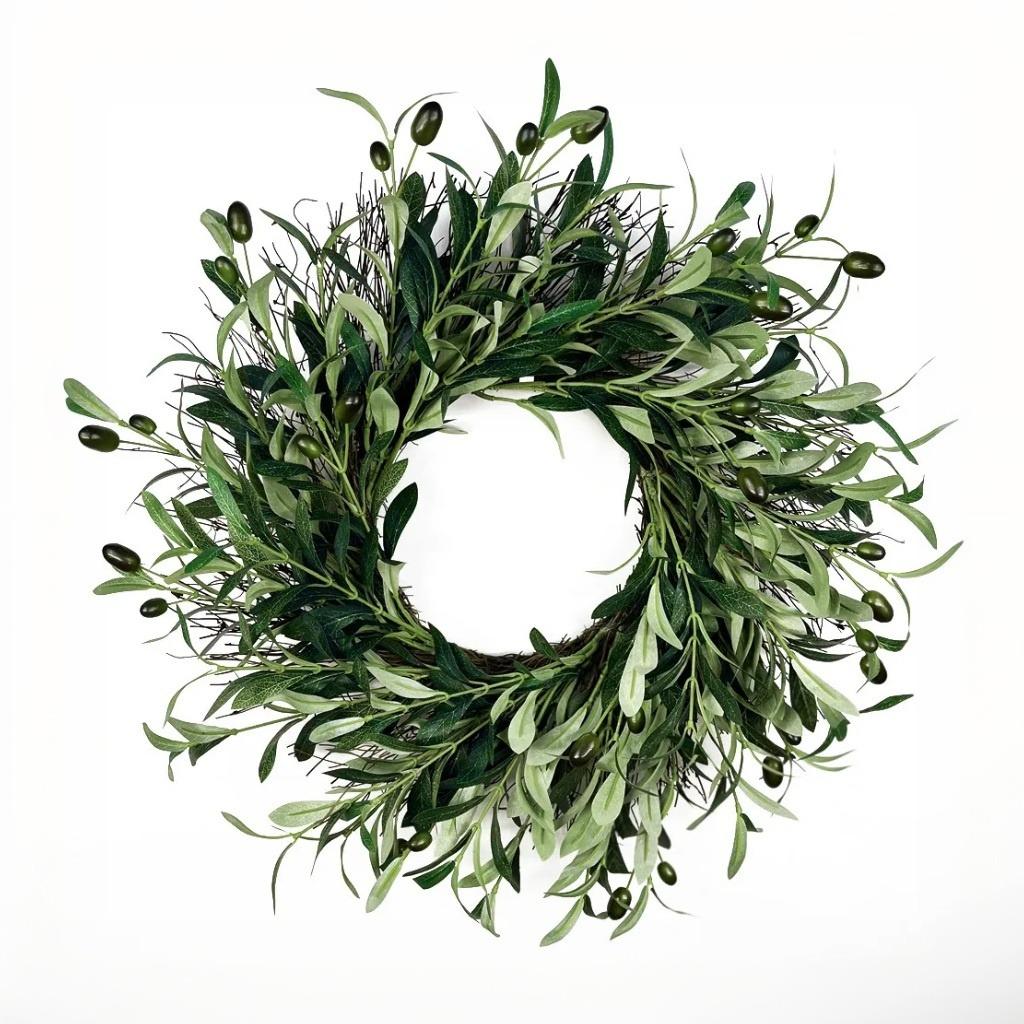 Artificial olive branch wreath with fruits and flowers - a natural-style wreath suitable for walls, doors, windows, and home decoration.