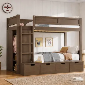 ARCH Twin over Twin Bunk Bed with 4 Storage Drawers and Built-in Wardrobe, Solid Wood Construction with Full-Length Guardrails, No Box Spring Needed, Multiple Color Options, for Kids Bedroom, Space-Saving Design, Twin Size Options