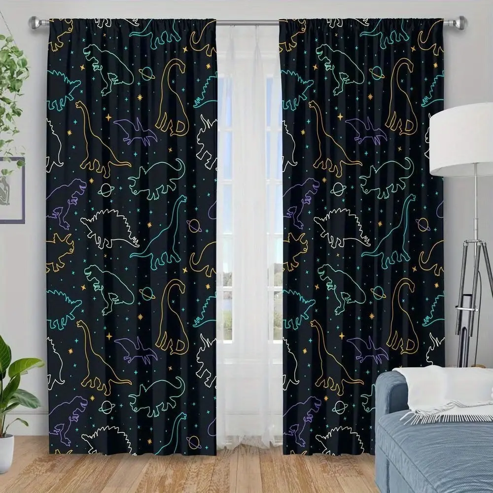 Digital Print Curtain Set, Fantasy Dinosaur Pattern, Insulated Blackout Curtains for Bedroom, Polyester, Holiday Gift Set