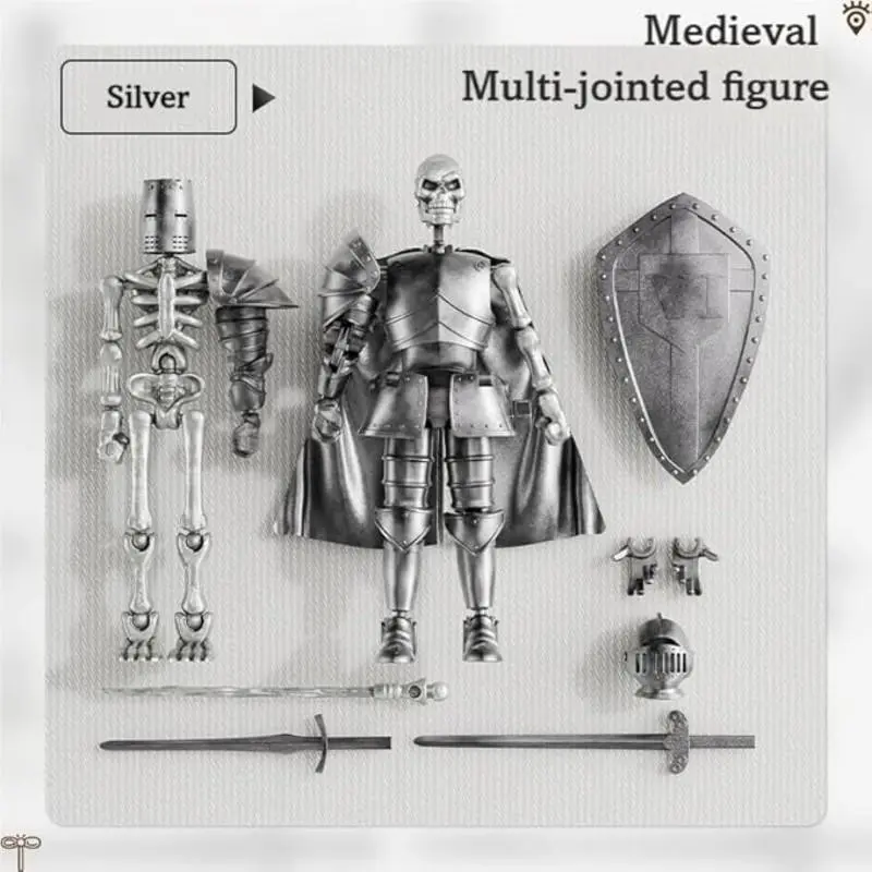 2pcs Medieval Skull Knight Dolls, Vintage Color, Full Body Jointed Action Figures, DIY Assembly Puzzle Game, Desktop Decor, Halloween Christmas Birthday Gift Set