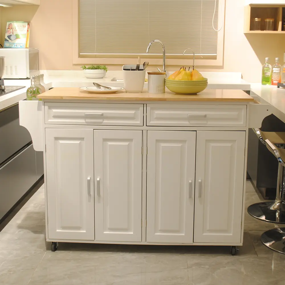 [Bellemave] Kitchen Island & Kitchen Cart, Mobile Kitchen Island, Rubber Wood Top, Big & Adjustable Shelf Inside Cabinet for Different Utensils, Luxury Design Fits Party at Different Site