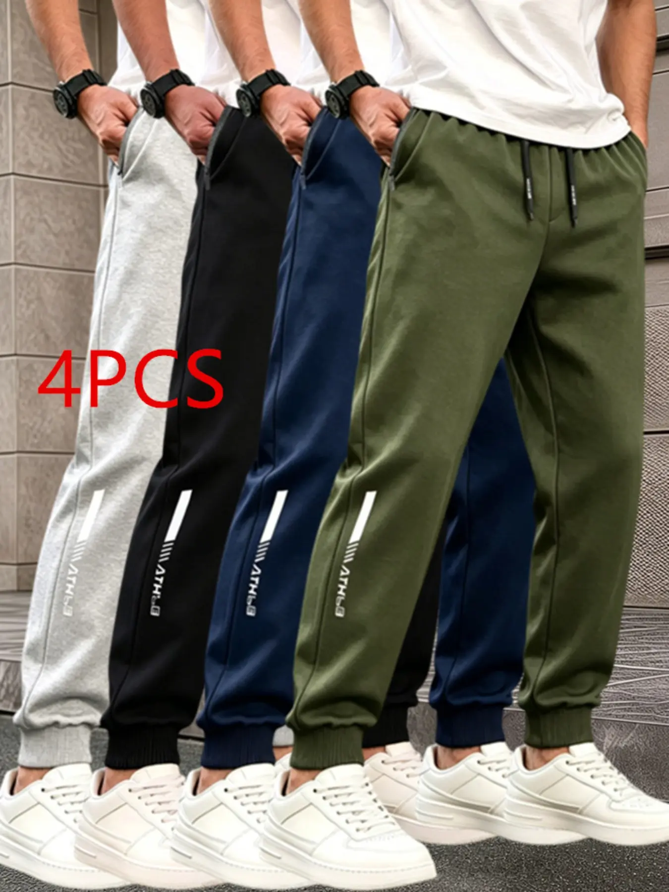 Men's Elastic Waist Running Pants, Reflective Print Ankle Cuffs, Casual Streetwear Sports Long Pants, Zippered Side Pockets, Knitted Sports Pants