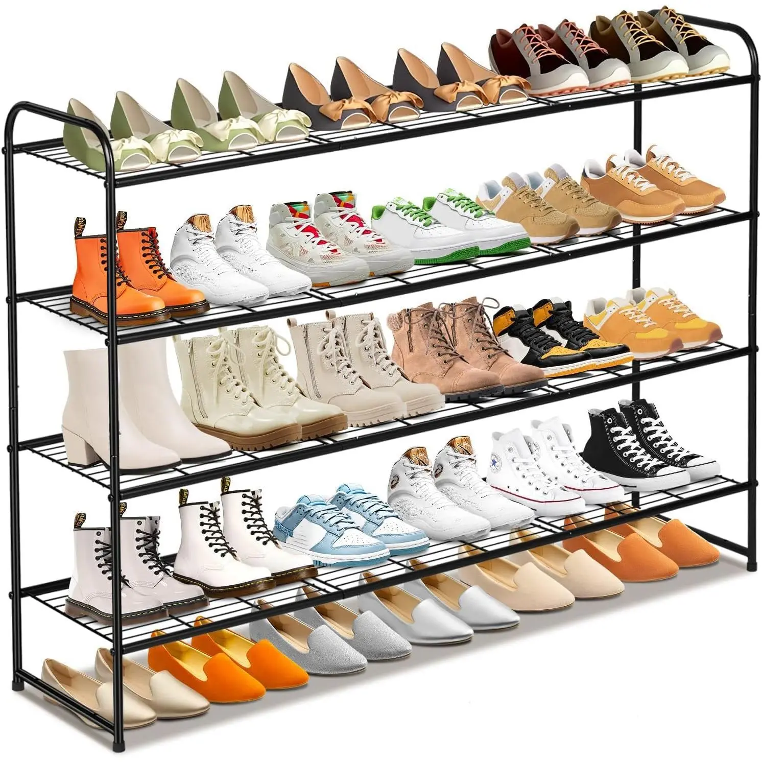 4 Tier Long Shoe Organizer for Closet, Metal Shoe Rack Wide Shoe Storage Organizer 30-Pairs Shoe Shelf for Bedroom, Floor, Entryway (Black)