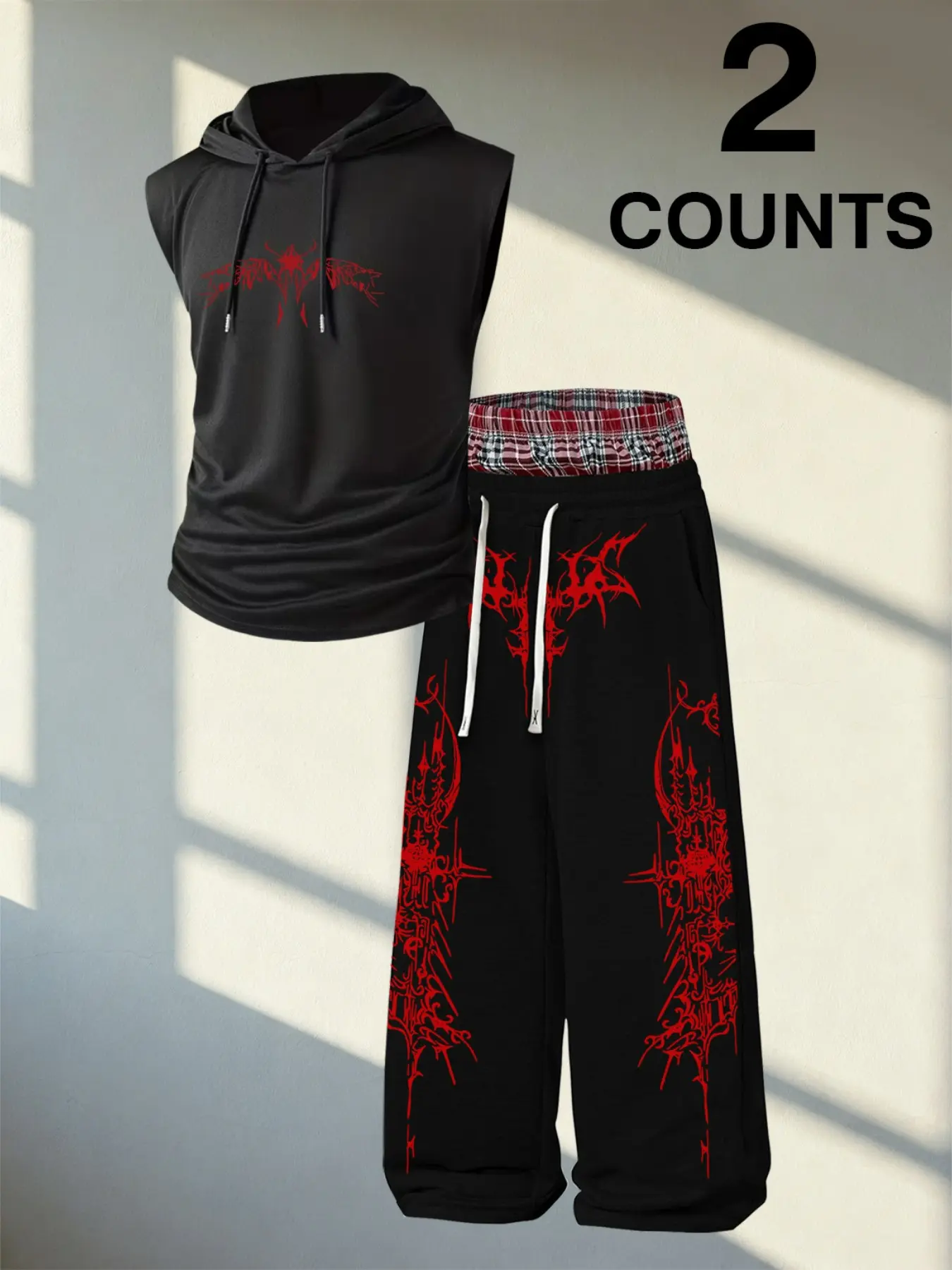 Men's Gothic Graphic Print Casual Two-Piece Set, Fashion Hooded Vest + Layering Pants, Unique Dark Theme Summer Loose Fit, Style Set