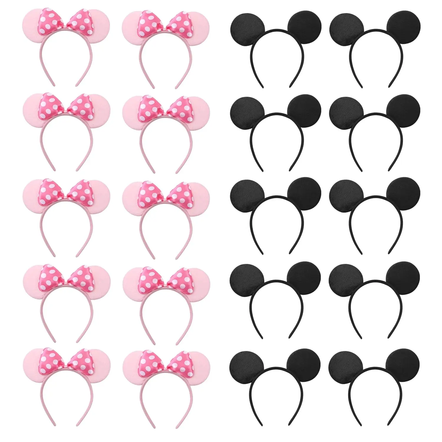 20 PCS Mouse Ears Headbands Set - Accessories for Kids' Birthday Party, Costume Play Celebrations, Ideal Gift (Black, Pink)