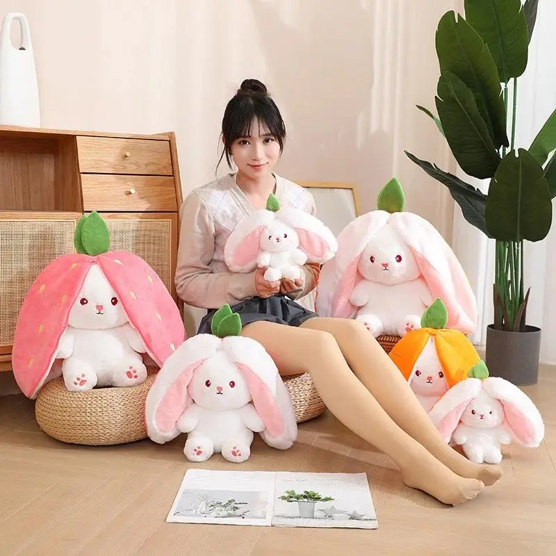 Funny Joy Kawaii Fruit Bunny Plush Toy Soft Cuddly Gift Cute Carrot Strawberry Turn Into Rabbit Plush Toy Kids Birthday Christmas Gift