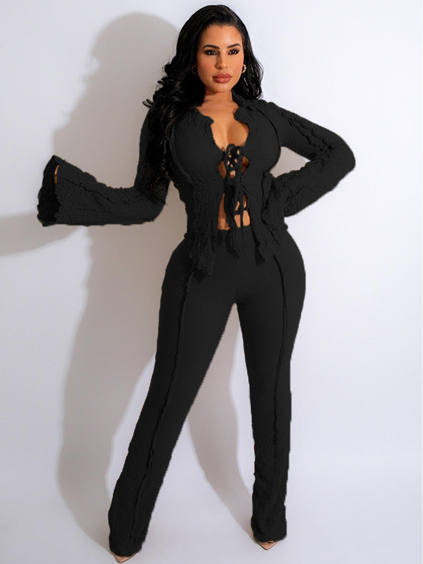 Two-Piece Set Women's Solid Tie Front Flounce Sleeve Blouse & Pants Set, Casual Fashion Cozy Top & Trousers for Daily Outdoor Wear, Ladies Clothes for All Seasons, Womenswear