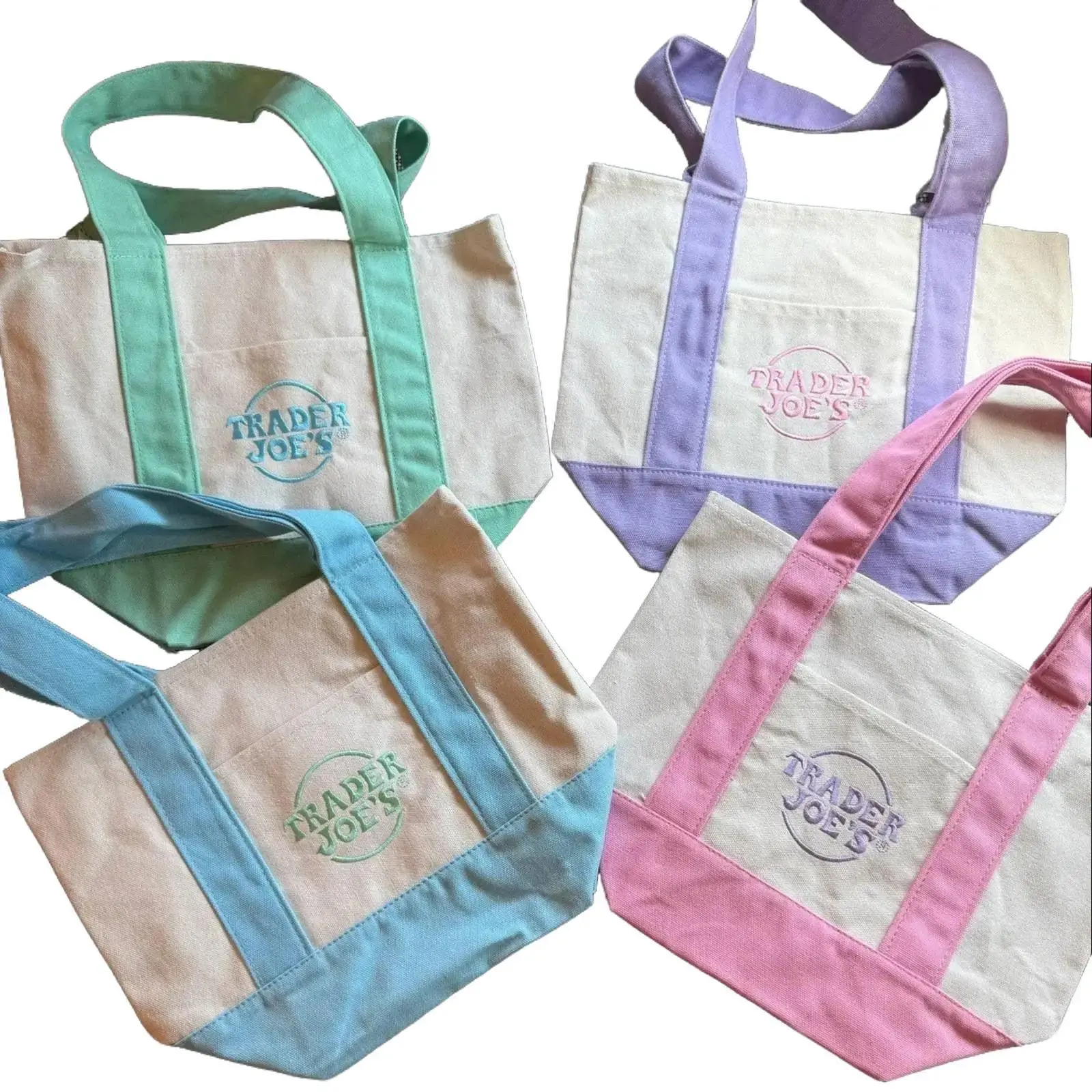 Women's Mini Canvas Tote Bags, 4-Piece Pastel Set - Lightweight Everyday Square Totes with Zipper, Embroidered Lettering, Reinforced Secured Design for Camping Hiking Picnic