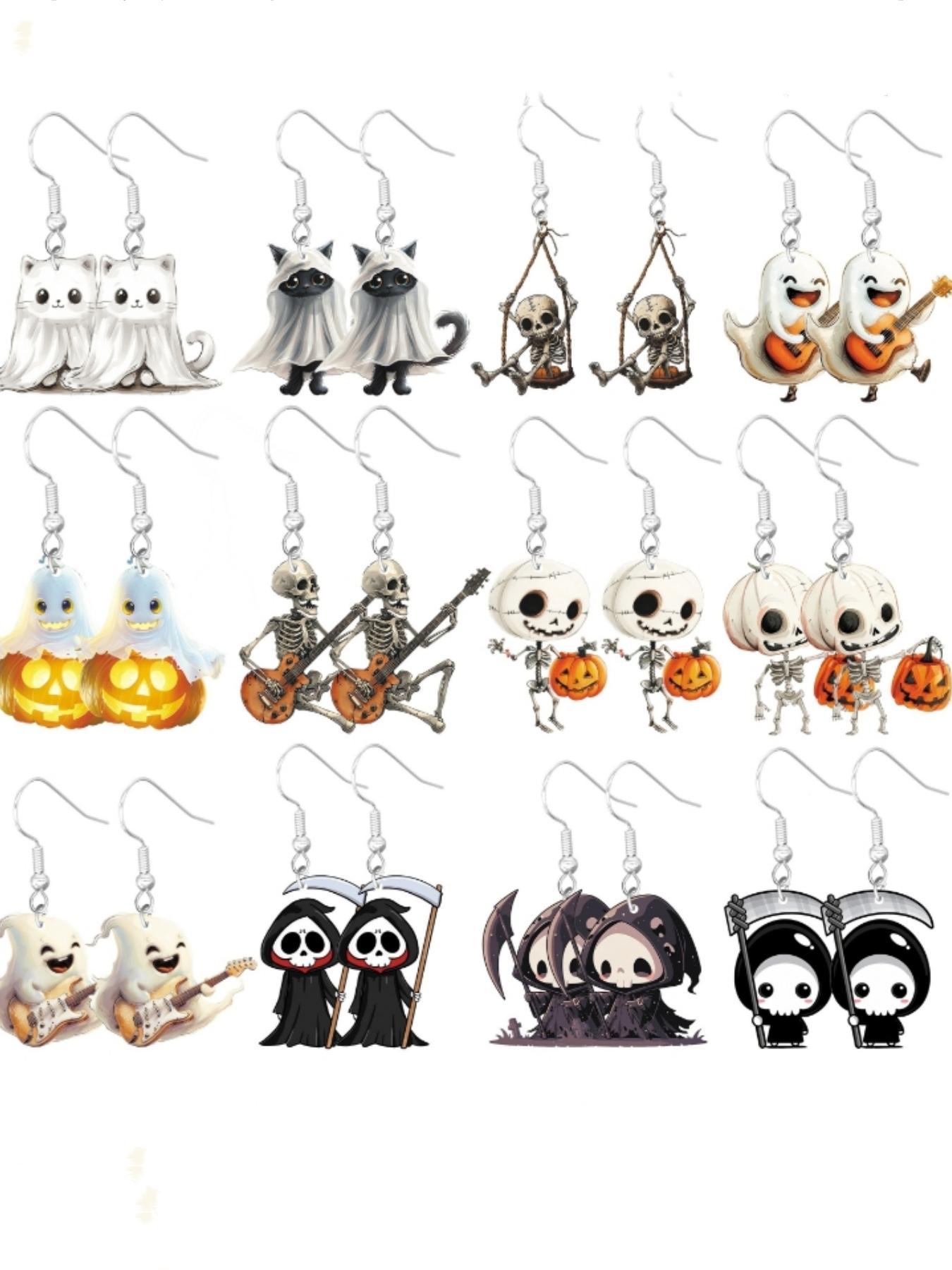 24 Pcs Halloween Earrings Set, Cute Ghost Mummy Pumpkin Cat Skull Death Cartoon Style, Party Favor Gift Sharing Pack, Witchy Jewelry