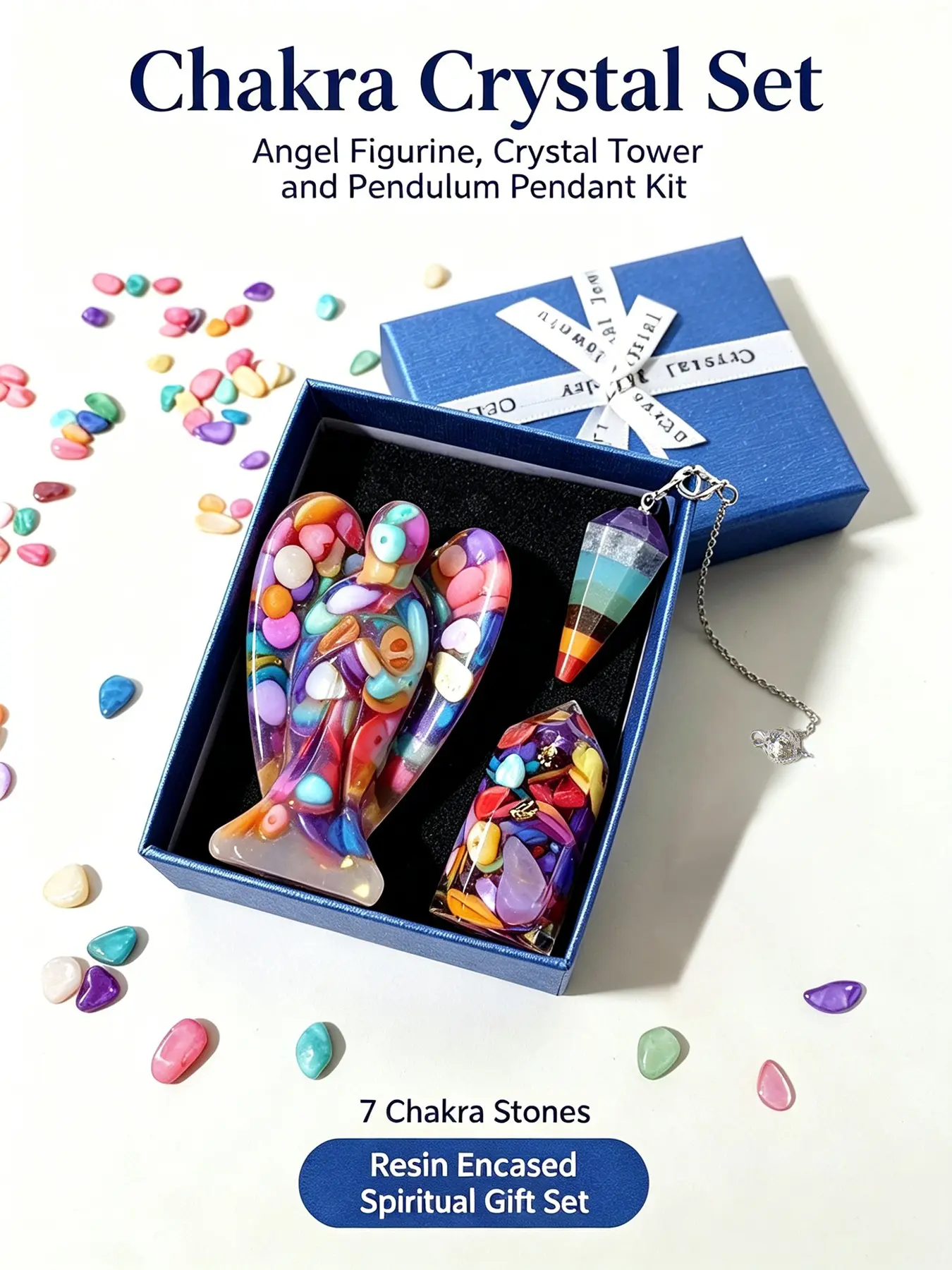 Orgonite Resin Chakra Crystal Energy Stone Gift Set, Angel Figurine, Chakra Tower, Pendulum Pendant Box, Spiritual Healing Kit, Chakra Healing Stones