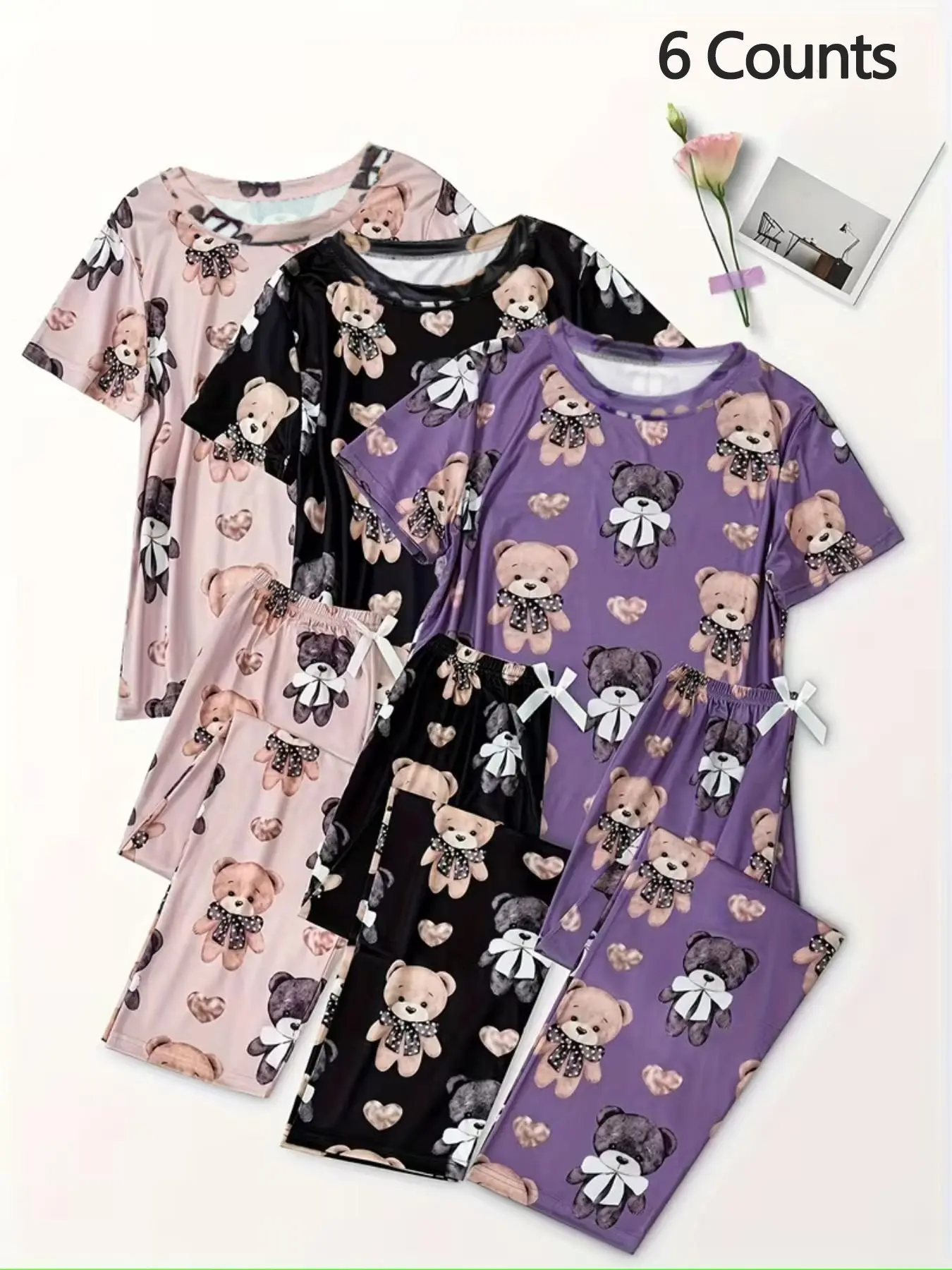 3-Piece Bear Heart Print Short Sleeve Pajama Set, Pyjamas, Fitted Casual Sleepwear Loungewear, Lounge Pjs Set, All-Seasons Home, Comfortable Long Pants