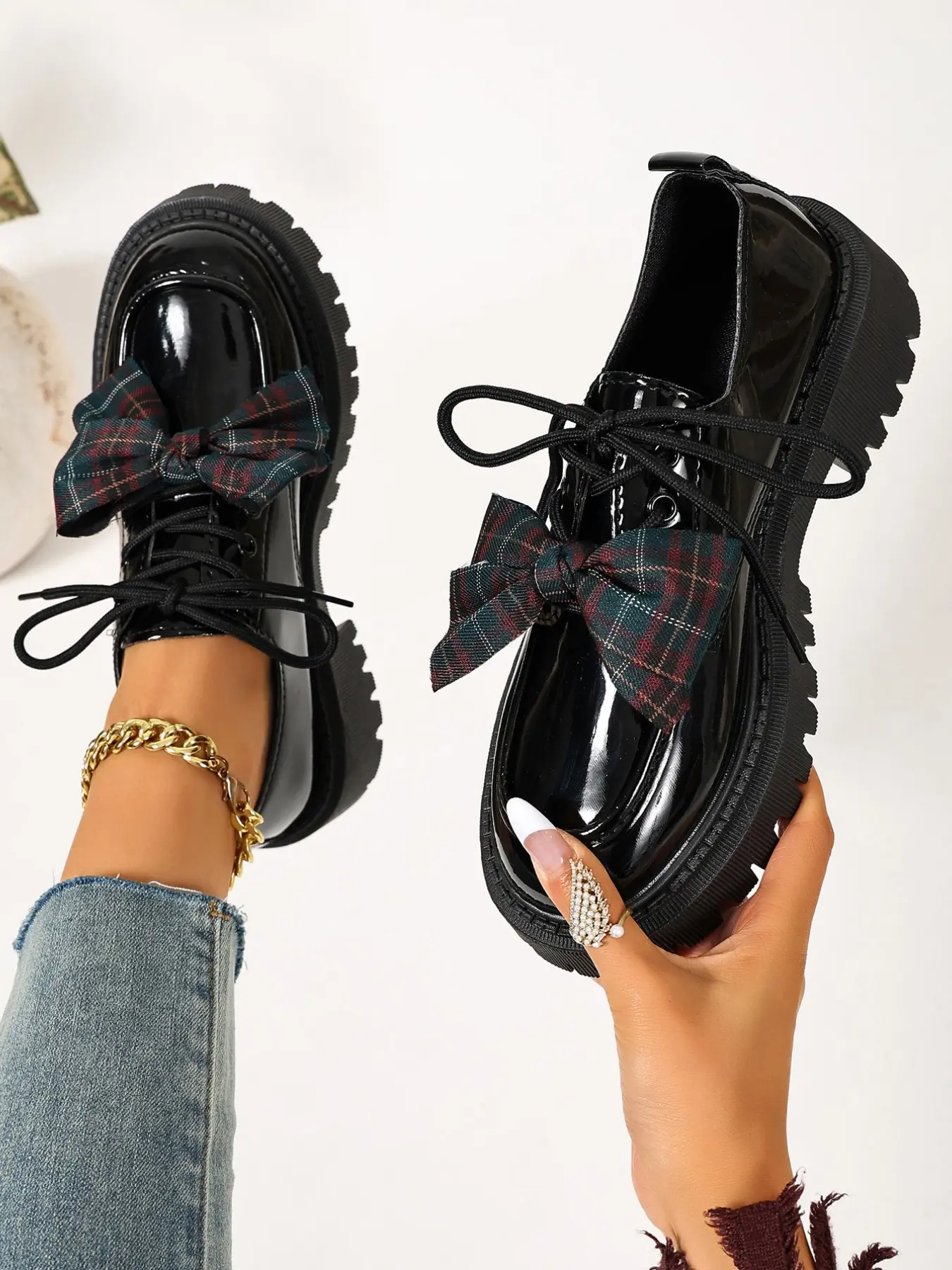 Women's Patent Leather Lace-Up Oxford Shoes, Plaid Bow Design, Chunky Platform Lug Sole, Stylish Footwear for Women