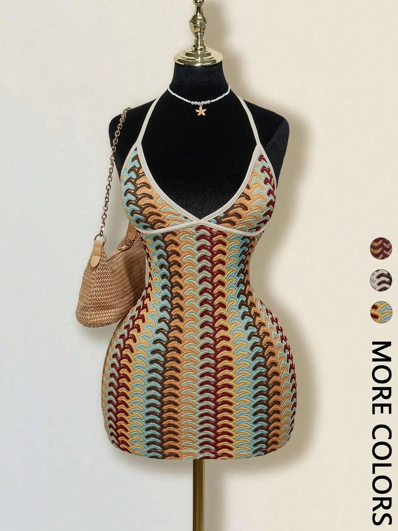 Women Halter V Neck Sleeveless Mini Dress Wave Geometric Print Bodycon Short Dress Adjustable Spaghetti Strap Slim Fit Wrap Bust Night Out Clubwear Summer Beach Vacation Figure-Hugging Mini Outfit With Stretch Fit For Party Daily Going Out Streetwear
