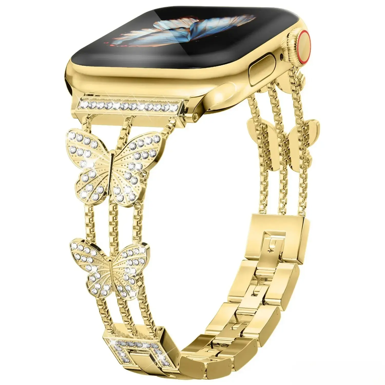 Women’s Bling Diamond Butterfly Apple Watch Band, Compatible with iWatch Series 9/8/7/6/SE, Sparkly Metal Watch Strap for 38mm–49mm, Luxury Fashion Watch Bracelet for Daily Wear, Gift for Women
